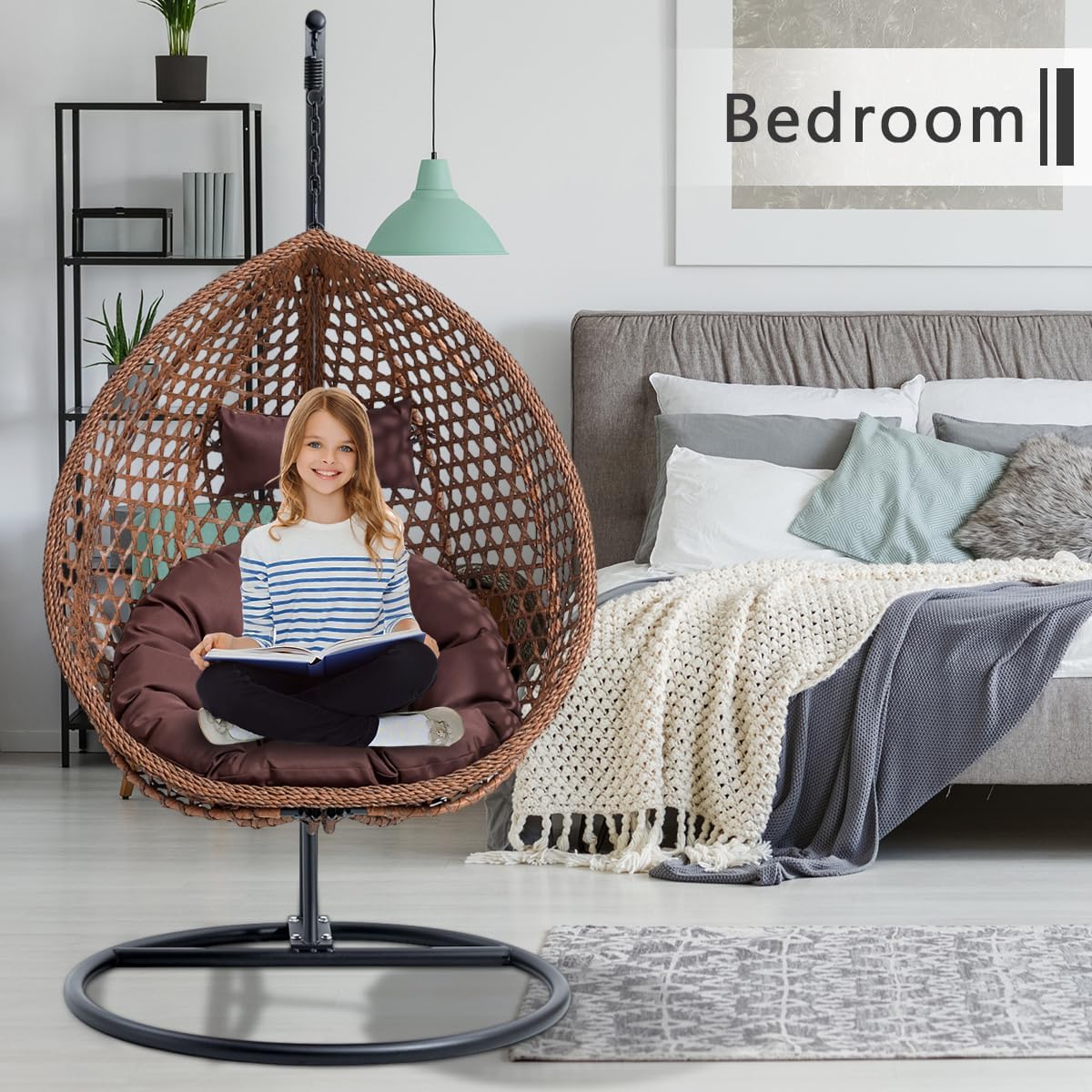 JUFU Egg Swing Chair with Stand,Hanging Egg Chair Indoor Outdoor,Hammock Hanging Basket Chair with Aluminum Steel Frame，Patio Egg Chair with Removable Cushions for Patio Balcony Backyard,Bedrooms