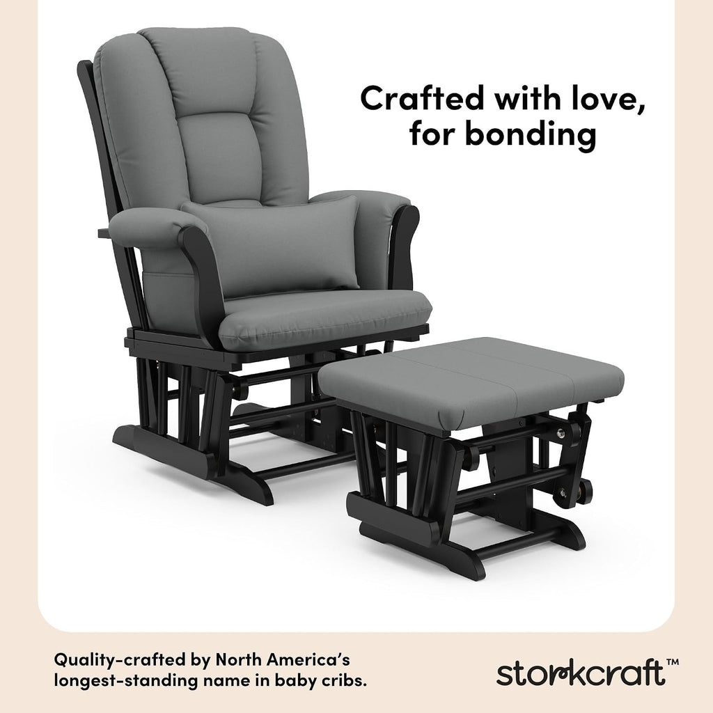 Storkcraft Tuscany Glider with Ottoman (Black/Gray) — GREENGUARD Gold Certified, Bonus Lumbar Cushion Included, Solid Wood Base, Smooth Motion, Award-Winning Nursery Rocking Chair, Glider and Ottoman
