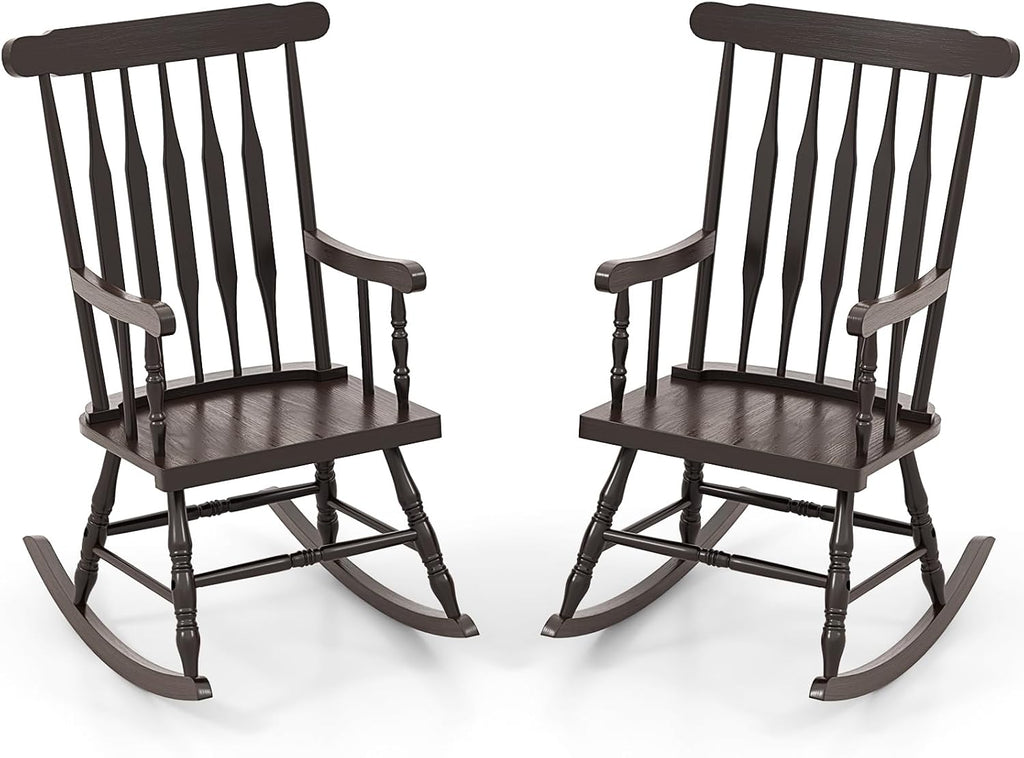 Giantex Outdoor Wood Rocking Chair Set of 2, Patio Rocking Chair w/Rubber Wood Frame, Slat Back, Outside & Indoor Rocker for Garden, Poolside, Balcony, Backyard, Lawn, Front Porch Rocker, Dark Coffee