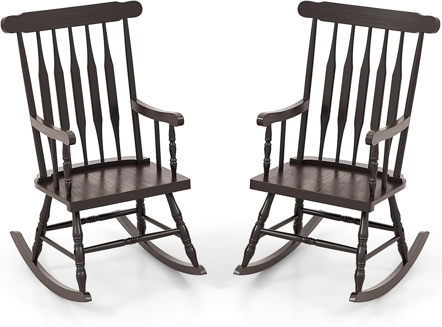 Giantex Outdoor Wood Rocking Chair Set of 2, Patio Rocking Chair w/Rubber Wood Frame, Slat Back, Outside & Indoor Rocker for Garden, Poolside, Balcony, Backyard, Lawn, Front Porch Rocker, Dark Coffee