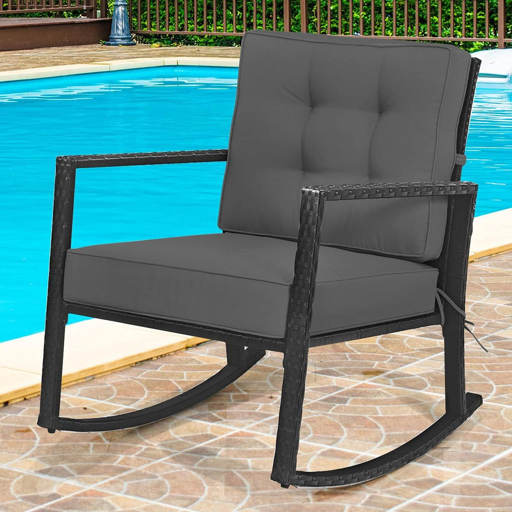 Tangkula 2 Pieces Wicker Rocking Chairs, Outdoor Glider Rattan Rocker Chair with Heavy-Duty Steel Frame, Patio Wicker Furniture Seat with 5' Thick Cushion for Garden, Porch, Backyard, Poolside