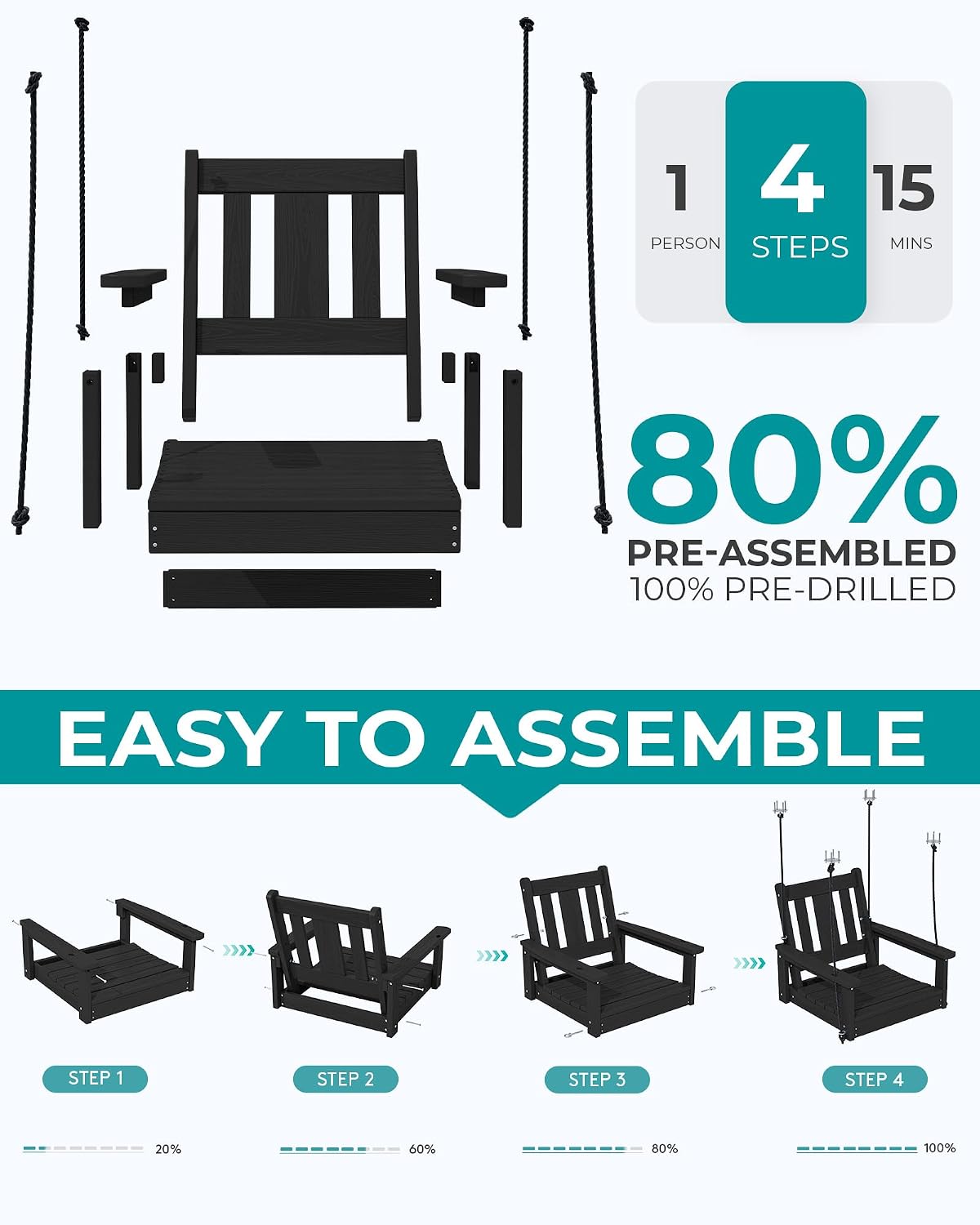 SERWALL HDPE Single Porch Swing Set of 2, Heavy Duty Single Person Swing Chair with 2 Polypropylene Hanging Ropes, Adirondack Hanging Chair for Outdoor Front Porch Patio Garden Yard, Black