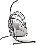 YITAHOME Hanging Egg Chair with Stand, Rattan Wicker Swing Egg Chair with Cushion, 350lbs Capacity, Foldable Hanging Rattan Basket Chair for Porch, Garden, Bedroom, Balcony, Grey