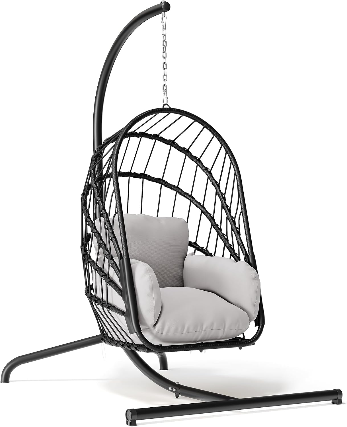 YITAHOME Hanging Egg Chair with Stand, Rattan Wicker Swing Egg Chair with Cushion, 350lbs Capacity, Foldable Hanging Rattan Basket Chair for Porch, Garden, Bedroom, Balcony, Grey