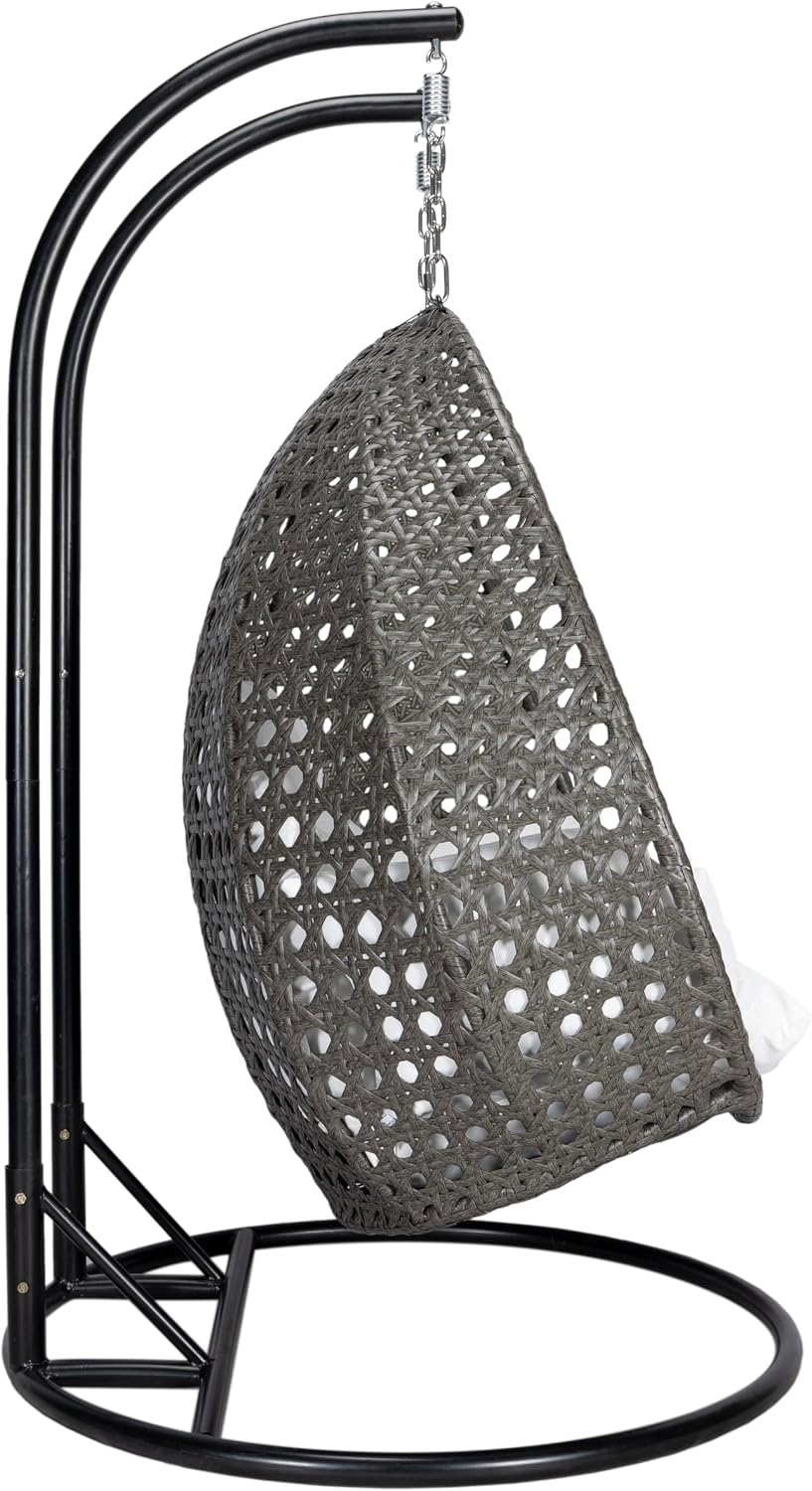 LeisureMod 2 Person Wicker Hanging Egg Chair, Indoor Outdoor Patio Swing with Black Stand & UV-Resistant Cushions, Lounge Chair for Bedroom & Garden, White
