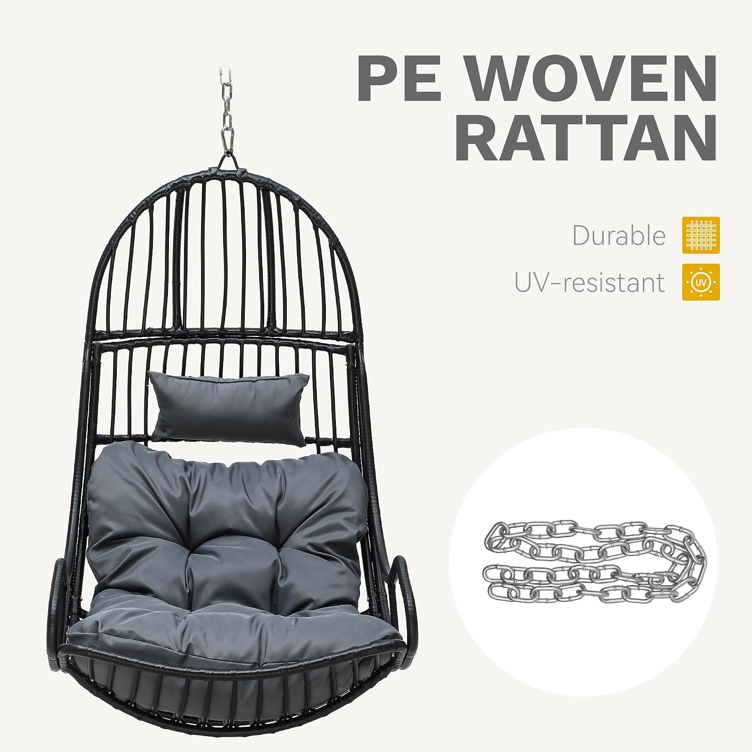DWVO Hammocks Swing Chair with Cushions 330 LBS, Comfortable Egg Chair Wicker for Patio, Bedroom, Garden, Balcony Indoor and Outdoor Use, Gray