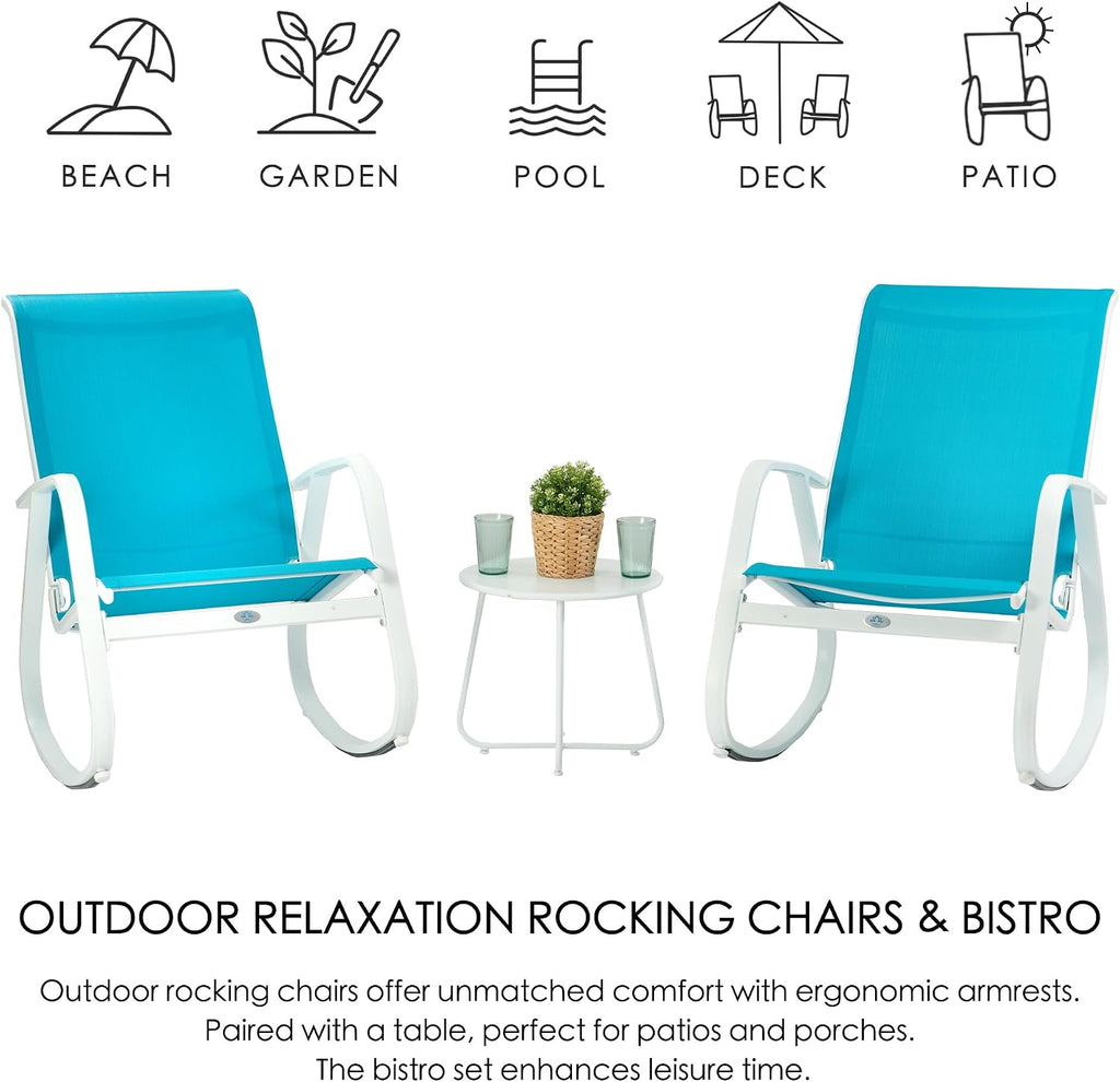 Kozyard 3-Piece Outdoor Rocking Chair Set, Patio Bistro Set 2 Sling Rockers with Side Table, Powder-Coated Aluminum Frame, Breathable Textilene Fabric for Porch, Garden, Balcony Blue
