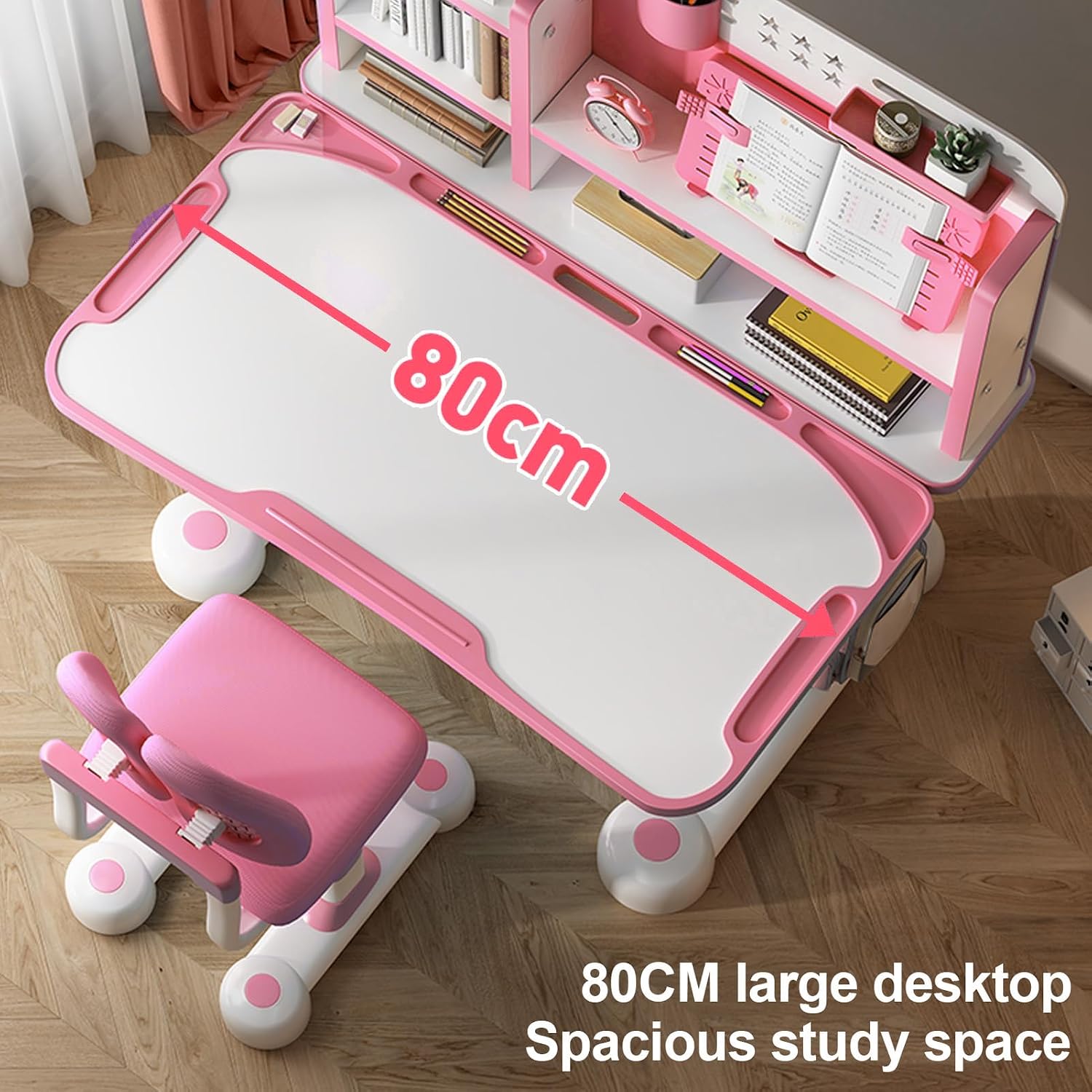 Kids Desk and Chair Set, Ergonomic Height Adjustable Kids Desk with Cartoon Pattern, Widened and Tilt Desktop, Book Stand, Steel Hook and Storage Drawer for Boys & Girls 3+ (Pink 1)