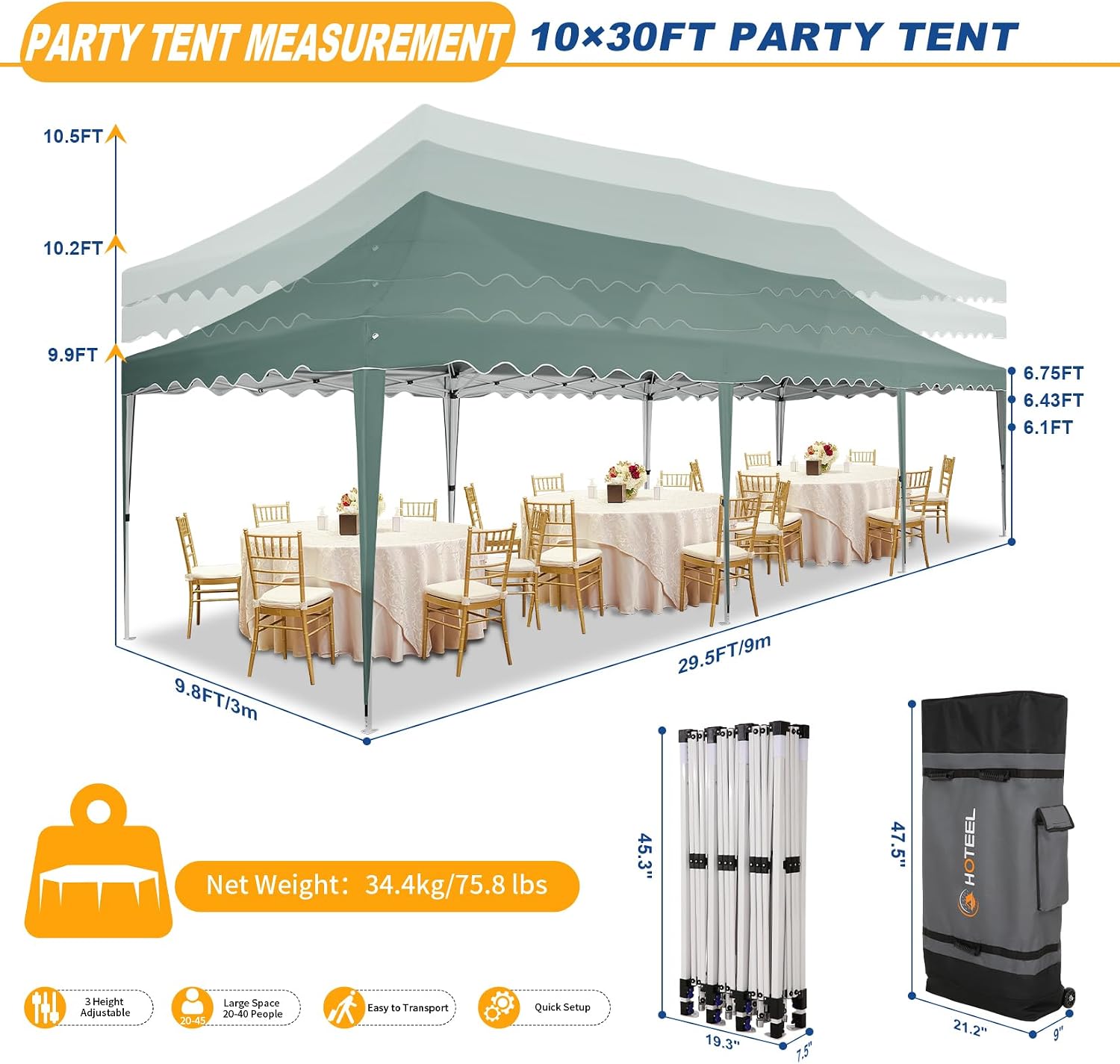 HOTEEL 10x30 Pop Up Canopy with 8 Sidewalls, Easy Setup Party Tent with Weight Bags, Wheeled Bag, Waterproof Event Shelter with Extra Roof Height for Backyard, Wedding (Green Gray)
