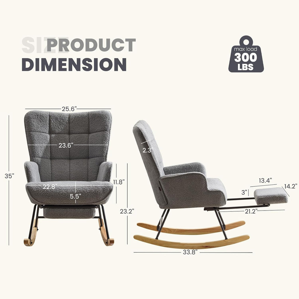 Furniliving Nursery Rocking Chair Upholstered Glider Rocking Chair Modern Accent Chair with Retractable Footrest Reading Chair with High Backrest Comfy Chair for Living Room, Grey, Teddy