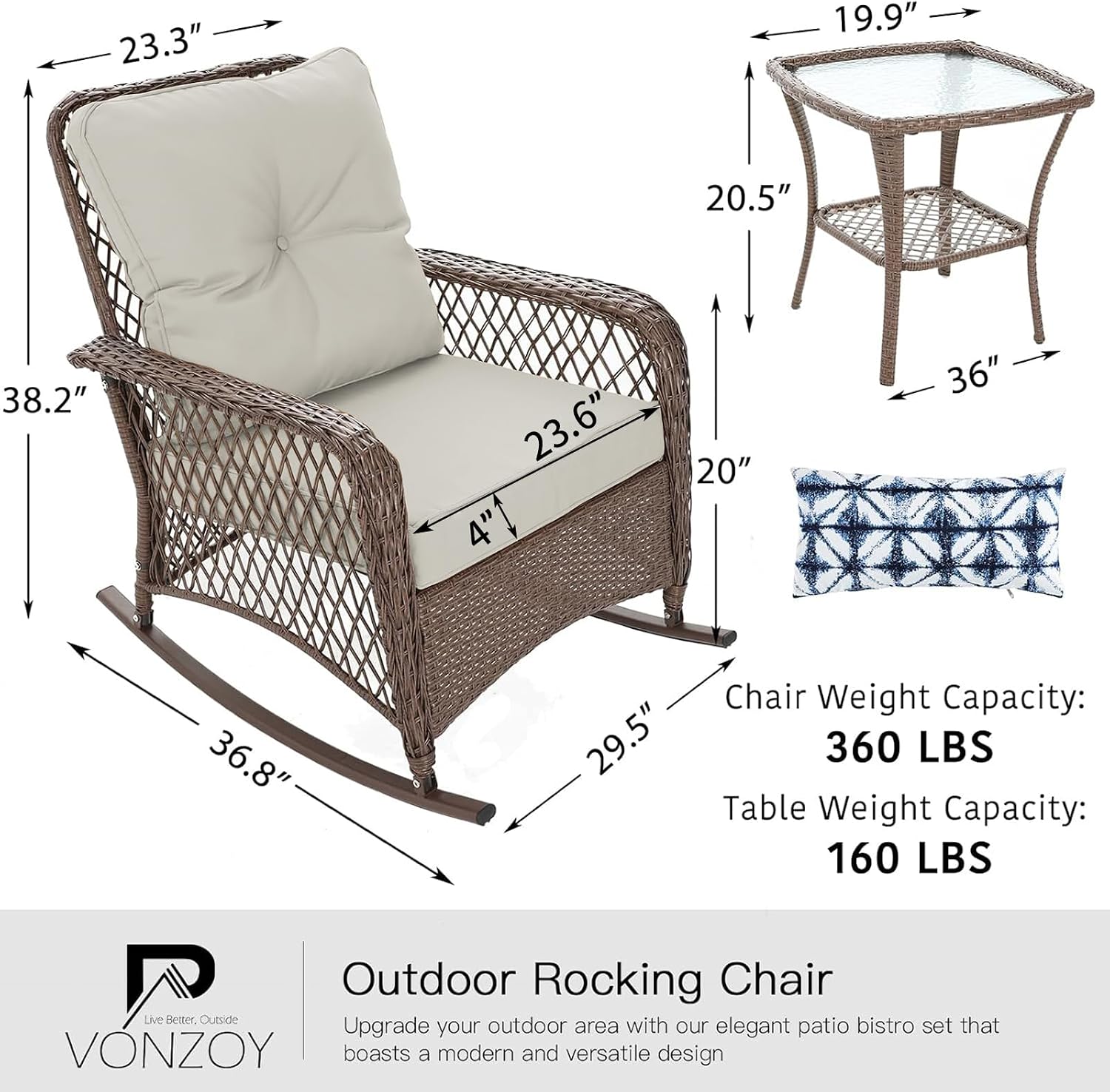 Patio Furniture Set 3 Pieces, Rocking Bistro Set with Thick Cushions, Brown Wicker Outdoor Rocker Chairs and Coffee Table for Porch, Backyard or Garden (Pale White)