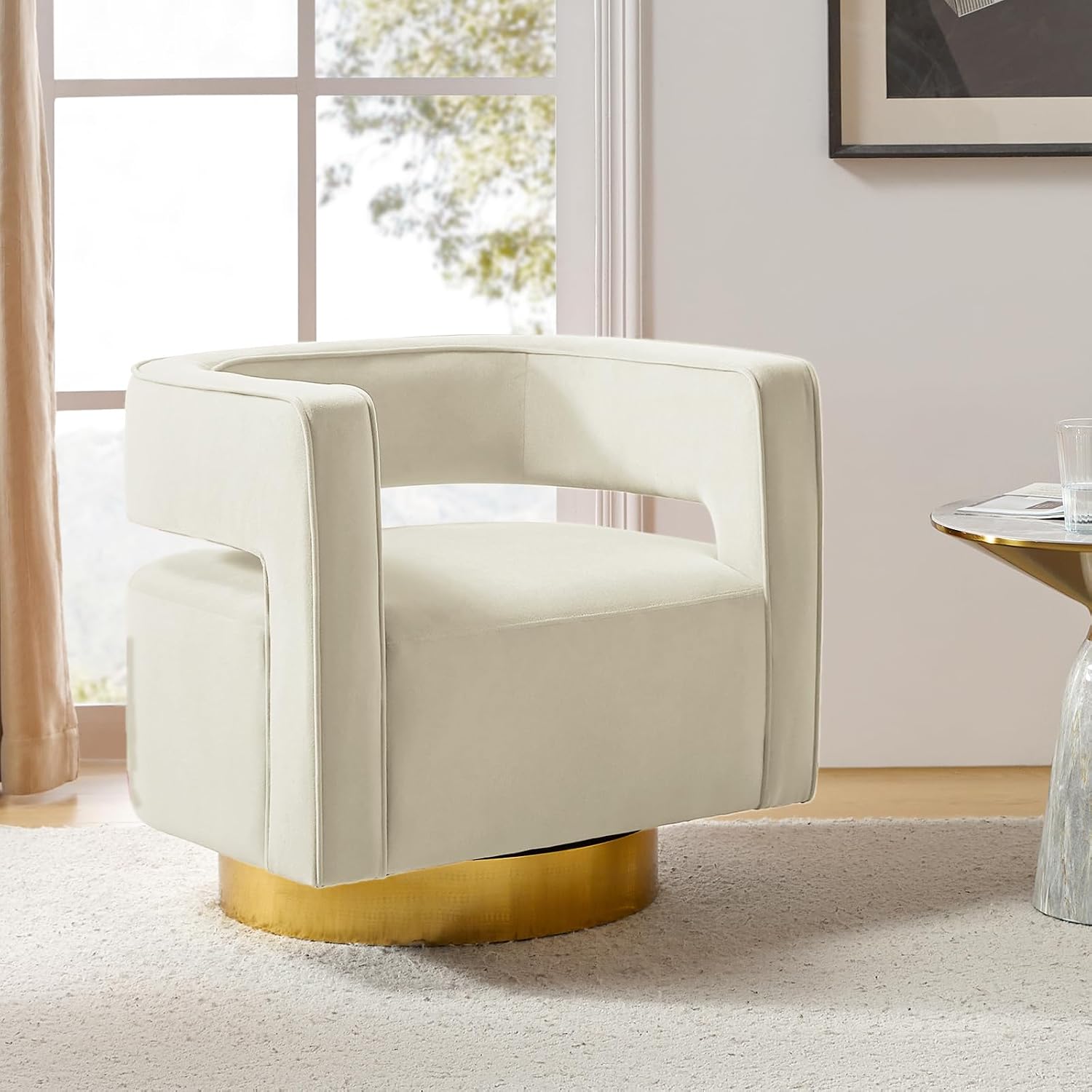 TINA'S HOME Swivel Accent Barrel Chair, Modern Velvet Armchair with 3D Curved Open Back & Swivel Gold Metal Base, Upholstered Club Chair for Living Room Bedroom Nursery, Ivory(No Assembly Required)