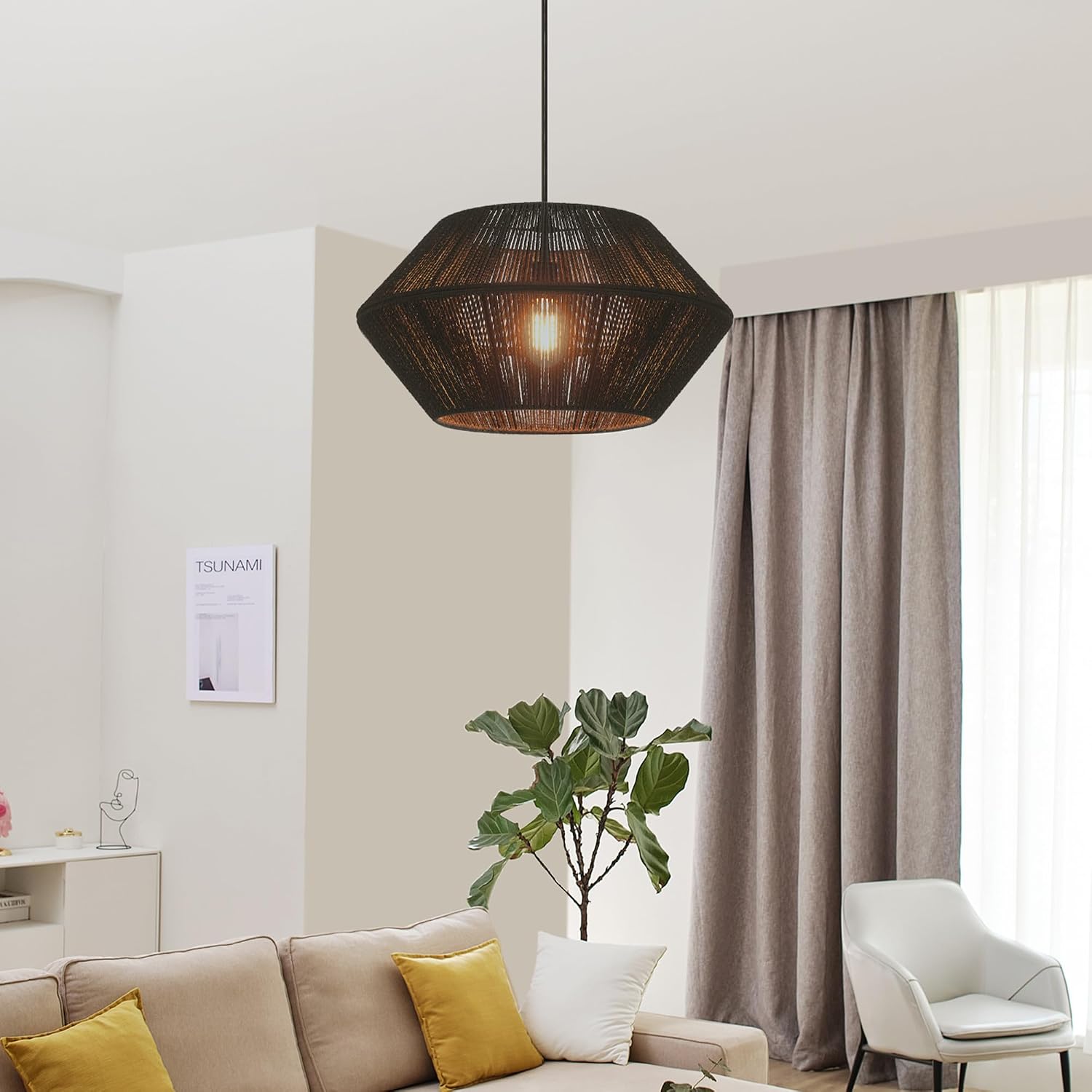 GLOBE Electric 65470 1-Light Chandelier, Matte Black Shade and Canopy, Natural Twine, Cloth Cord, Modern Hanging Lights for Kitchen Island, Bedroom, or Dining Room, Dimmer Switch Compatible