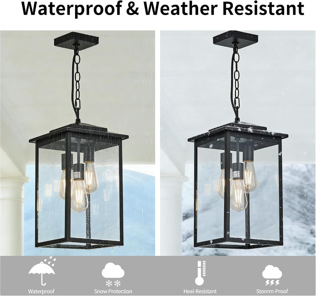 Outdoor Hanging Light Fixture 3-Light, Modern Black Metal Outside Chandelier Exterior Hanging Fixture Ceiling Mount with Clear Glass Shade for Front Porch Entrance Foyer Entryway(Bulbs not Included)
