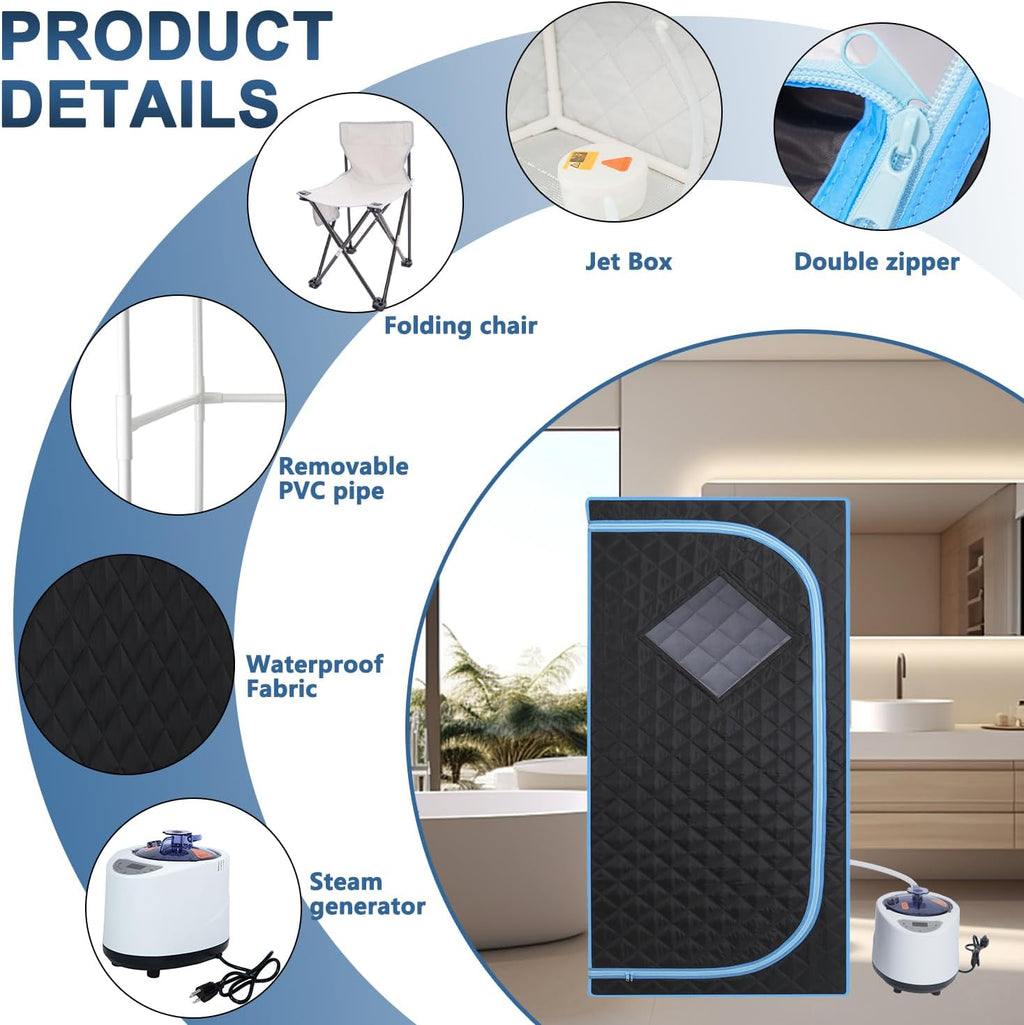 Portable Steam Sauna | Full Size Portablel Sauna Tent | Personal Home Sauna Spa | with 2.2L Water Injection Rate and 1000W Steam Generator, Portable Chair, Black (Blue Edge)