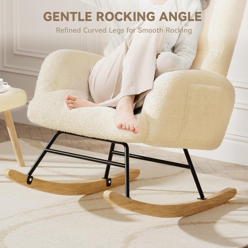 LUCKLIFE Rocking Chair Nursery,Teddy Upholstered Glider Rocker Chair with High Backrest,Reading Chair Modern Rocking Accent Chairs with Side Pockets for Living Room,Bedroom (Without Ottoman, Beige)