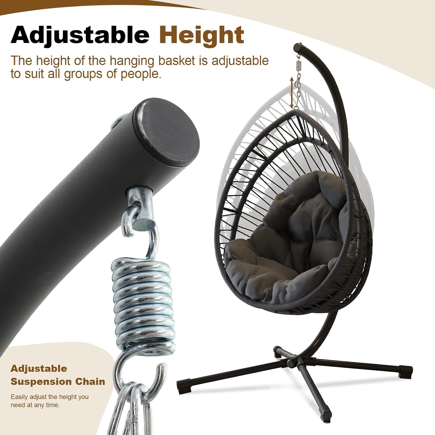 Hanging Egg Chair with Stand, Foldable Swing Hammock Chair, All-Weather Core-Spun Polyester Rope, Yarn-Dyed Cushion, 350LBS, Indoor Outdoor Patio Balcony (Dark Grey)