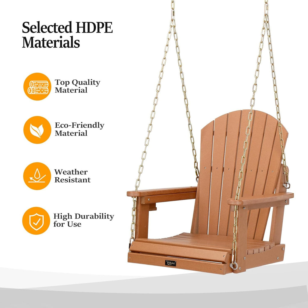 VINGLI Heavy Duty 880 LBS HDPE Porch Swing Outdoor with Rotatable Cup Holder, 1-Person Patio Hanging Swing with Adjustable Chains for Porch, Yard, Tree, Garden (Teak)
