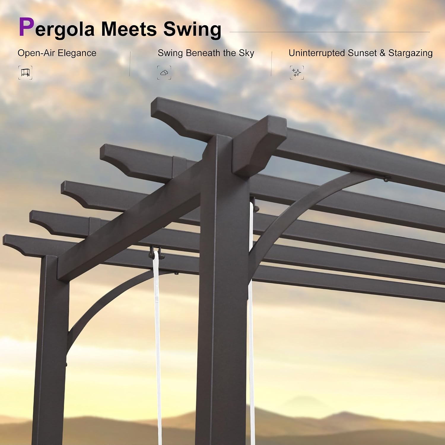 PURPLE LEAF 3-Seat Porch Swing Outdoor Metal Pergola Swing Bed Hanging Cloud Swing Chair with Stand for Backyard Garden Patio Hammock Swinging, Cushion and Pillows Included, Coffee