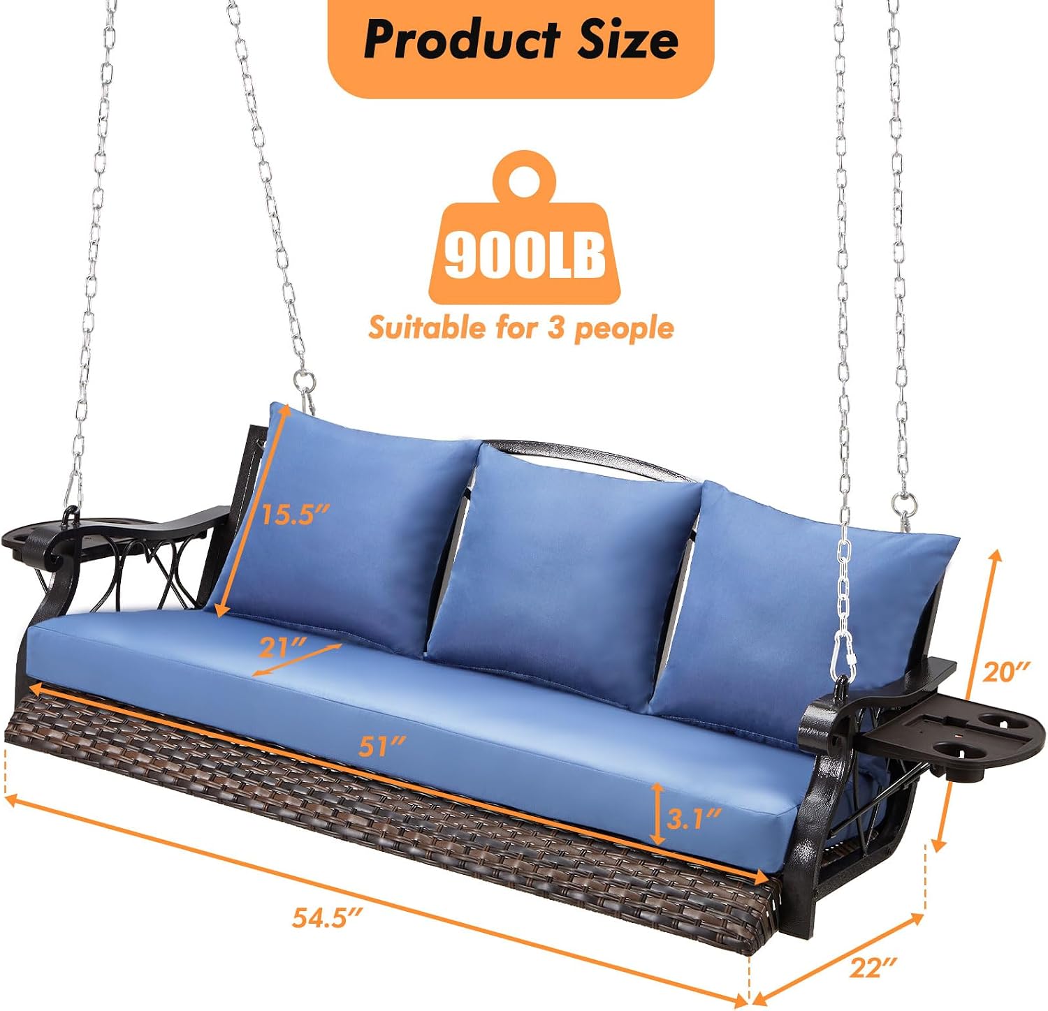 ZZW Heavy Duty 900 LBS Porch Swing Chair 3-Person Outdoor Rattan Patio Swing Lounge w/Cup-Holder & Steel Chains Wicker Hanging Bench Porch Swing Cushions for Deck & Backyard & Garden