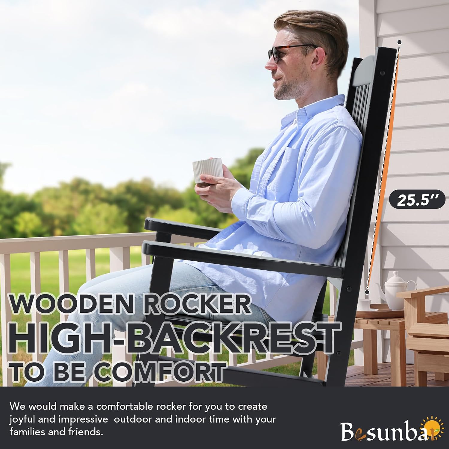 Wooden Outdoor Rocking Chair, Oversized Patio Rocking Chair w/400lbs Support & High Backrest | Porch, Lawn, Garden, Backyard，Black