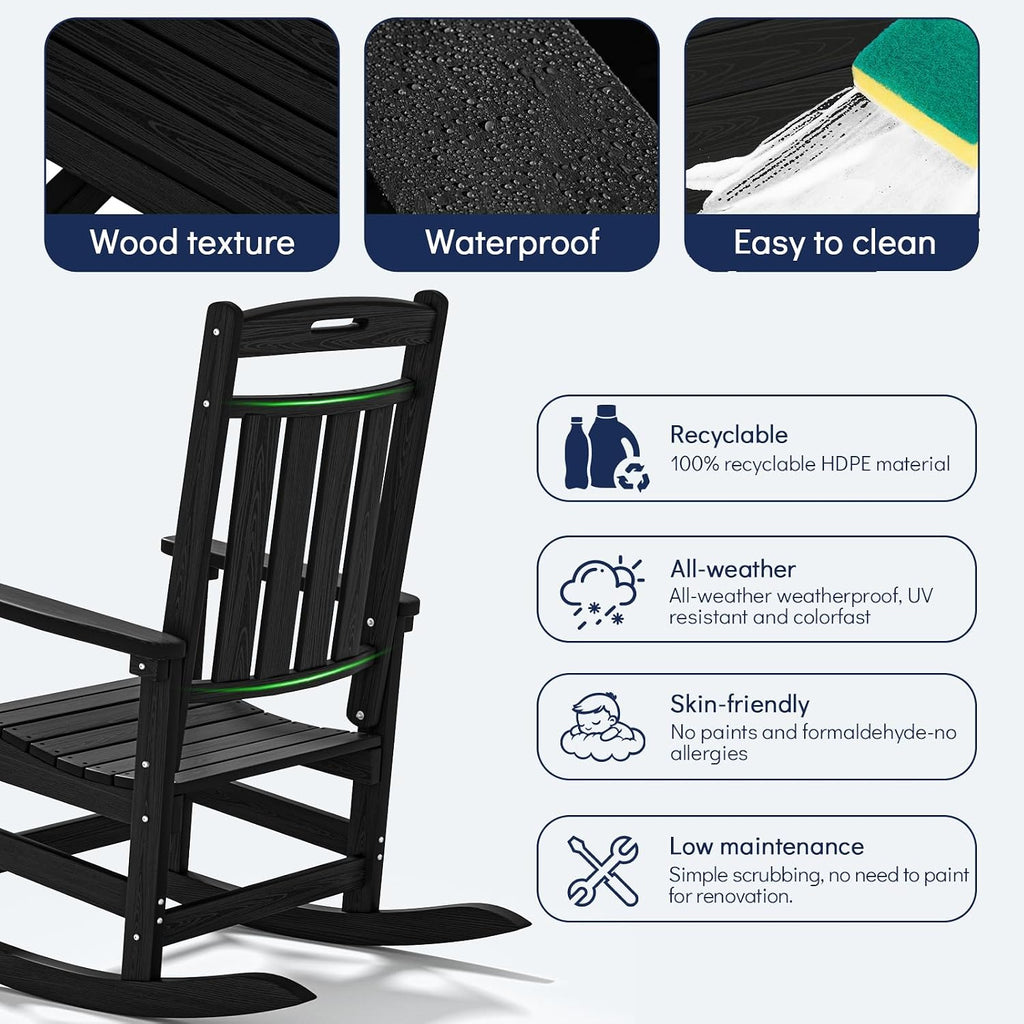 Plawdlik Oversized Rocking Chair Set of 2,HDPE All-Weather Outdoor Rocking Chair,Patio Rocking Chairs for Porch.Black