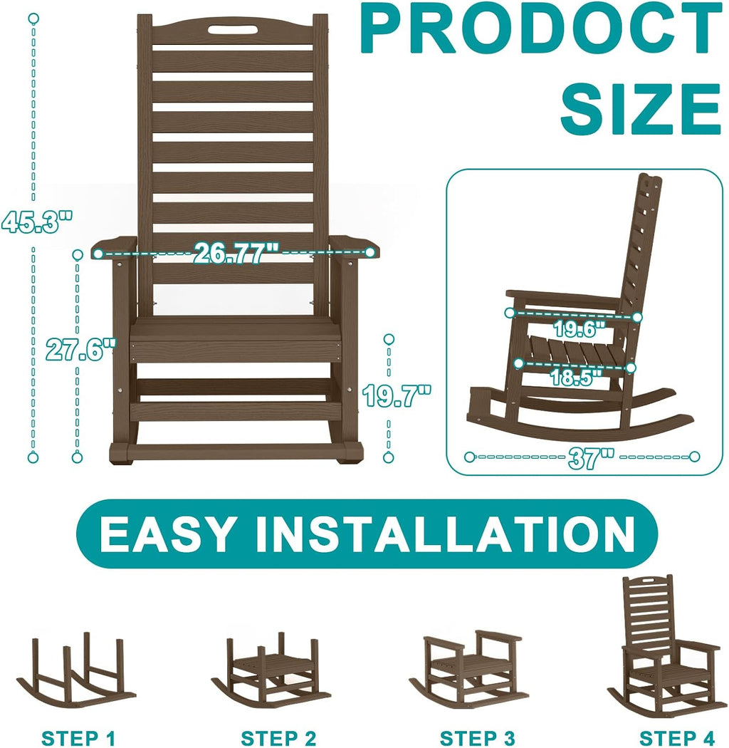 PLUUV Outdoor Rocking Chair with Removable Footboard for Adults, HDPE High Back Patio Rocking Chairs, 330lbs All Weather Porch Rocking Chairs for Outdoor & Indoor -Brown