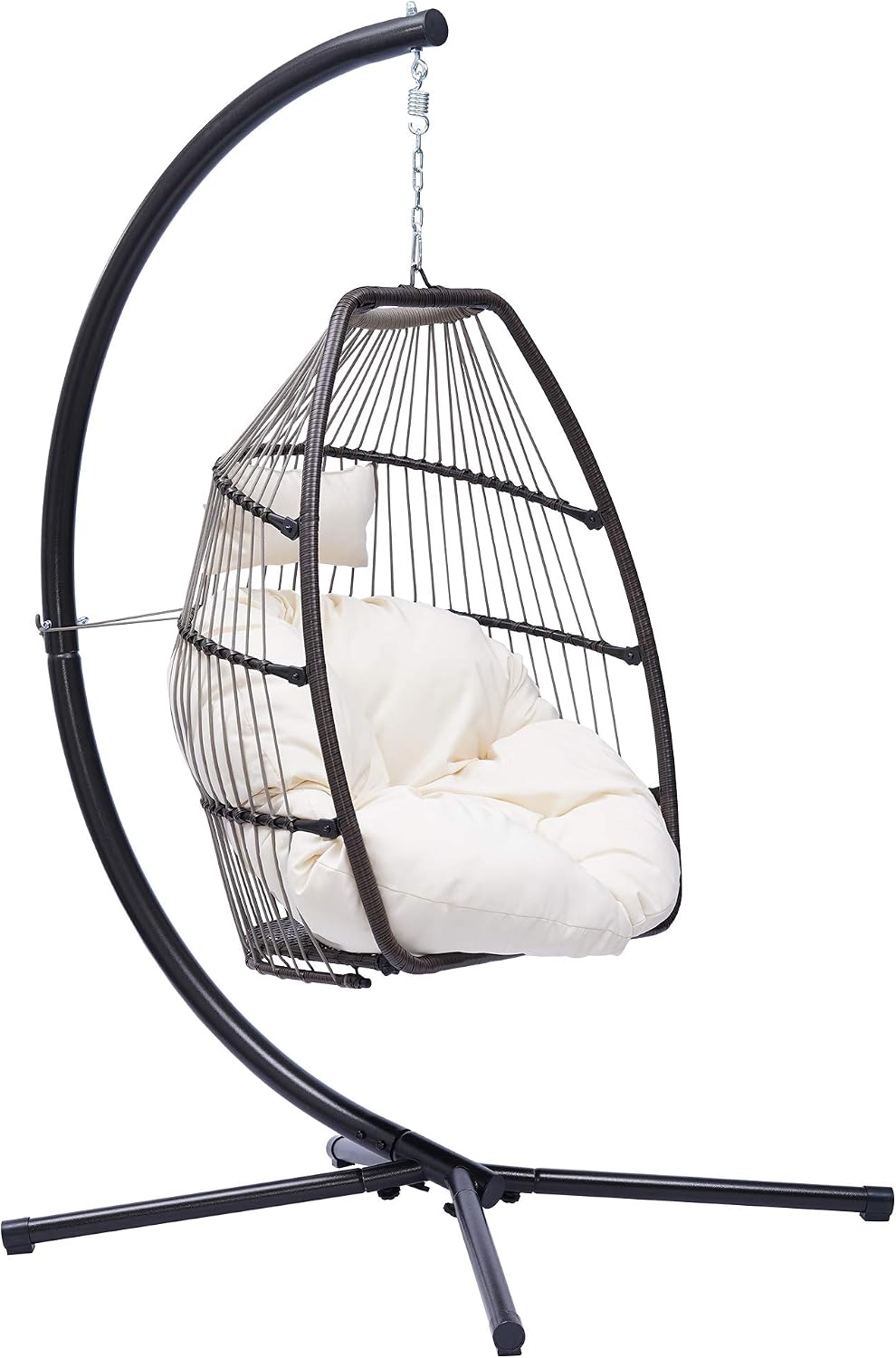Modern Patio Wicker Folding Hanging Chair,Rattan Swing Hammock Egg Chair with C Type Bracket,with Cushion and Pillow,for Indoor,Outdoor,Beige