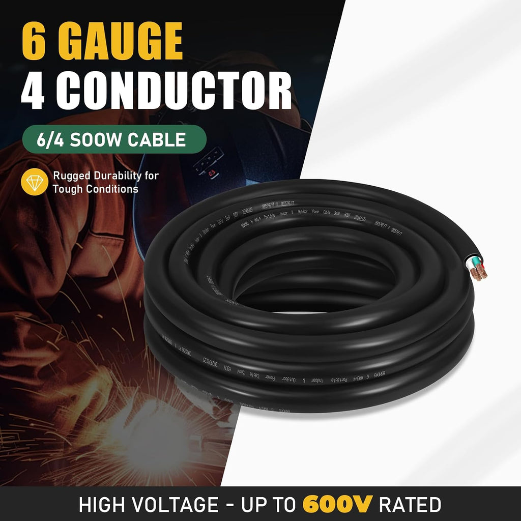 10ft 6/4 6 AWG Portable Power SOOW Cable (4 Conductor) - 600V 6 Gauge Electric SOOW Wire for Generator, Portable Lights, RV/EV Car Battery Chargers and Machinery - 10 Feet Electrical Cord