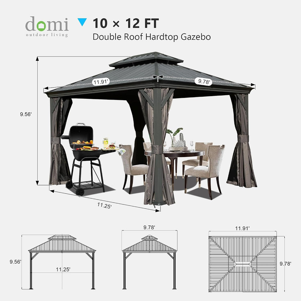 Domi 10' x 12' Outdoor Hardtop Gazebo, Upgraded Metal Gazebo with Galvanized Steel Double Roof, Heavy Duty Canopy Permanent Pavilion for Patio Lawn and Garden, Curtains and Netting Included, Grey