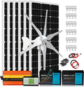 6X 100W Mono Solar Panels + 400W Wind Turbine Generator + 2X 100AH Lifepo4 Lithium Batteries +1000W Pure Sine Power Inverter + Hybrid Controller, 1KW 24V Solar Wind Complete Kit Hybrid System