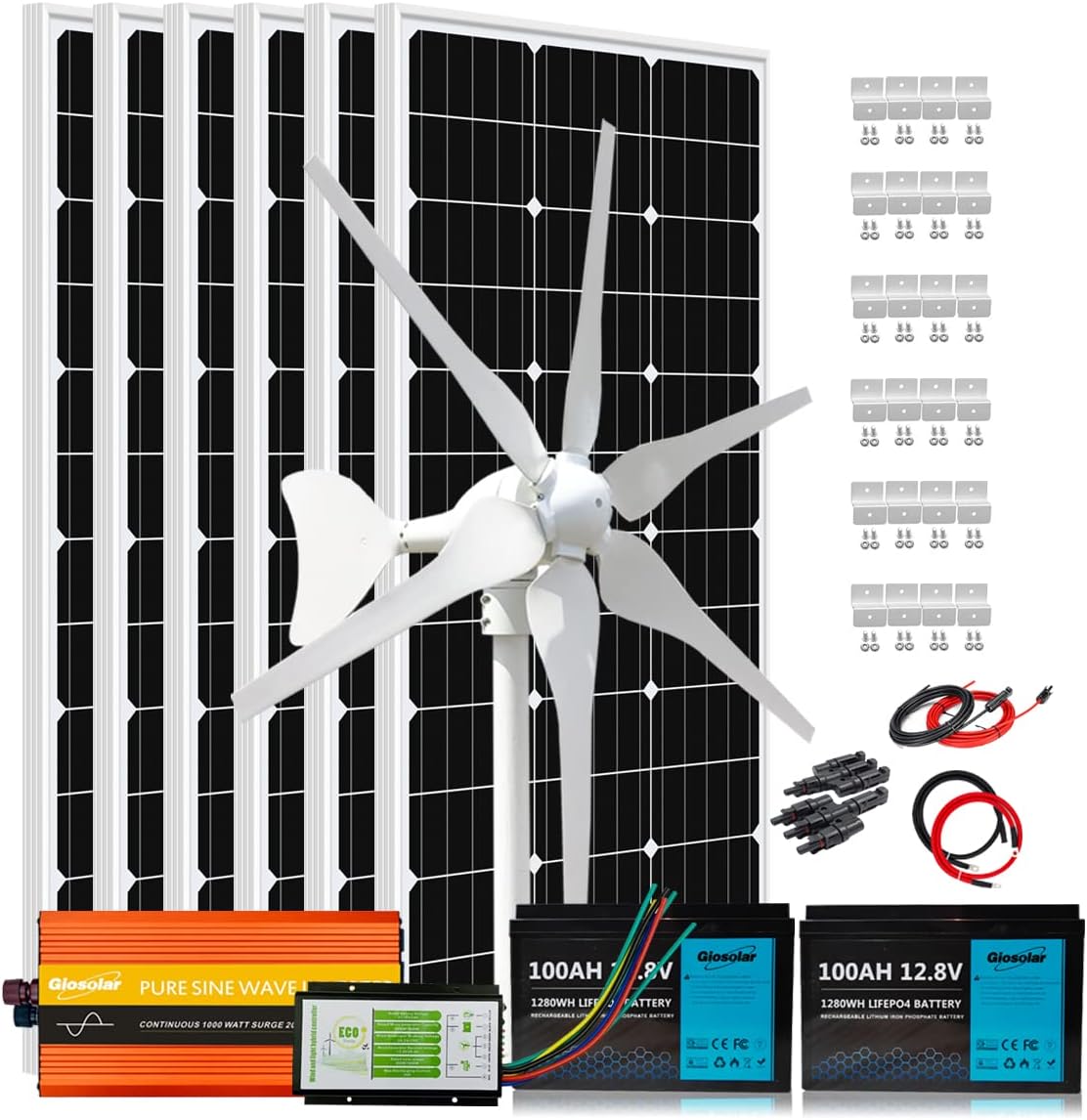 6X 100W Mono Solar Panels + 400W Wind Turbine Generator + 2X 100AH Lifepo4 Lithium Batteries +1000W Pure Sine Power Inverter + Hybrid Controller, 1KW 24V Solar Wind Complete Kit Hybrid System