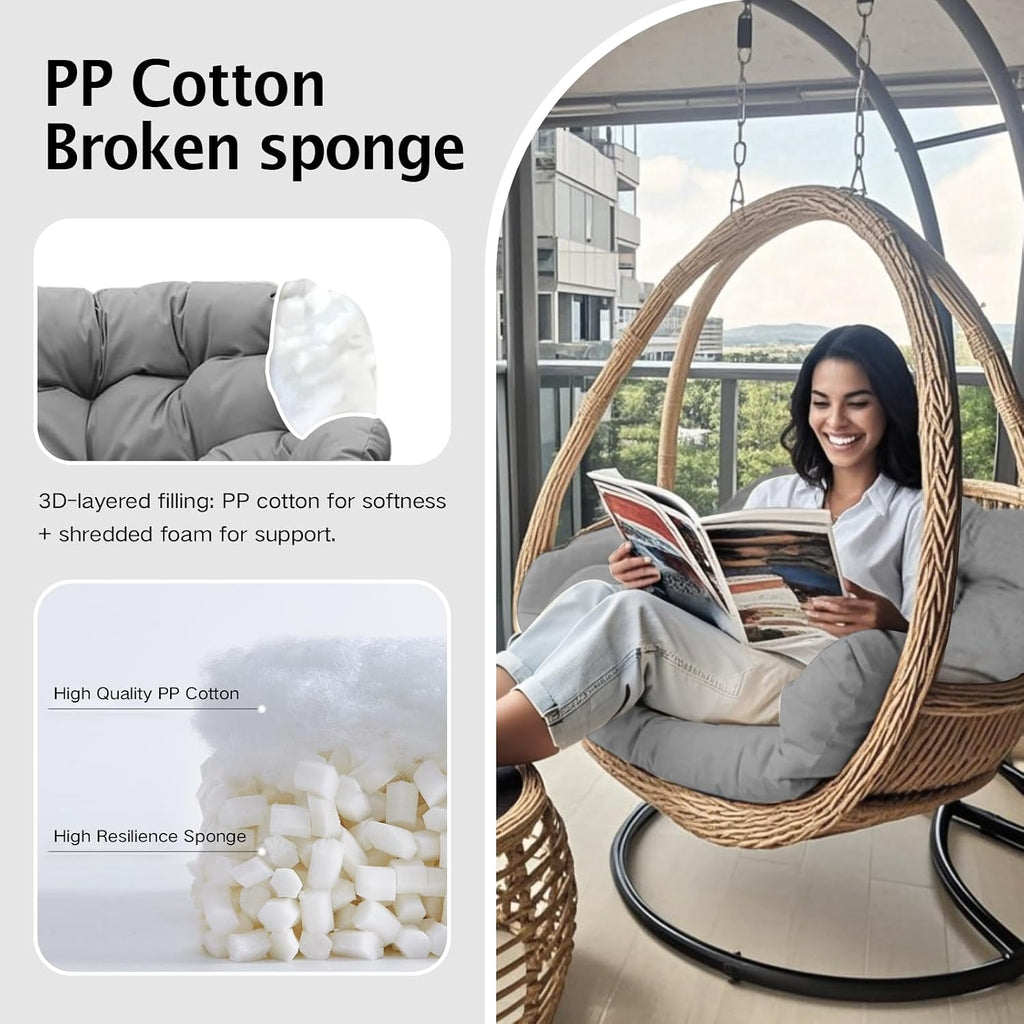 Thickened Waterproof Papasan Rocking Chair Cushion – 6.3'' Patio Egg Chair Pad with Ties, Outdoor/Indoor Rattan Hammock Chair Cushion for Porch, Garden, Balcony (Only Cushion) (French Grey)