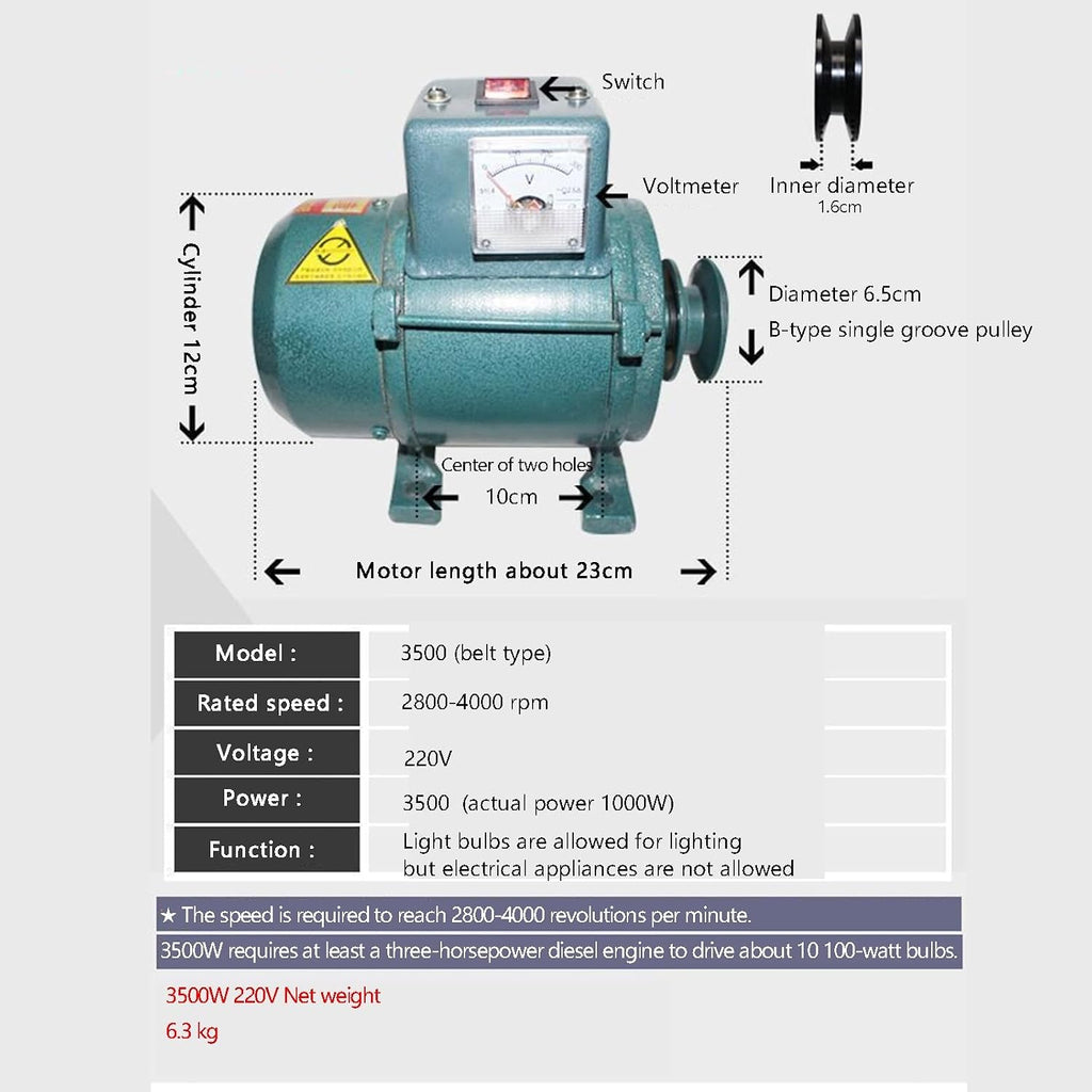 3500W 220V Permanent Magnet Generator, Brushless Belt-Driven Lighting Generator With Pure Copper Coil, For Gasoline Or Diesel Engine, Home Backup Use