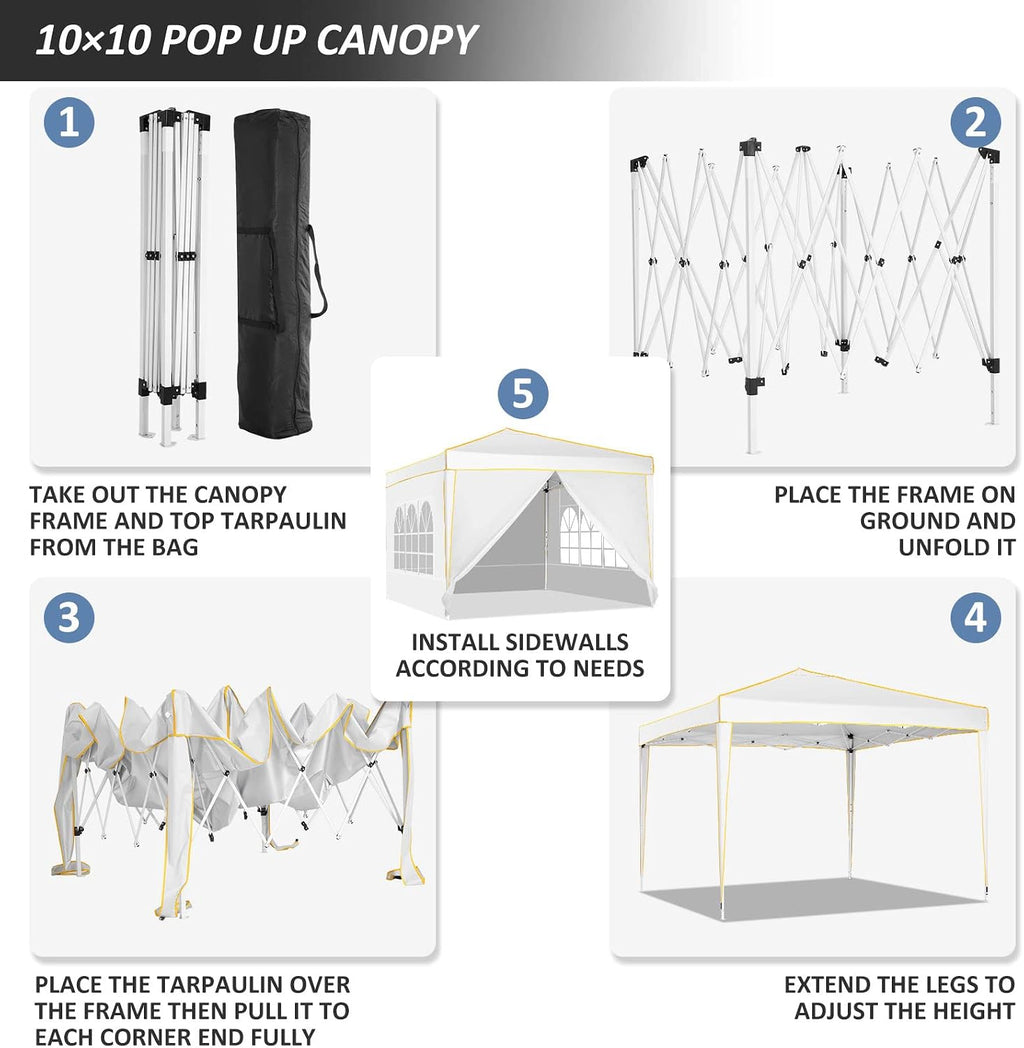 COBIZI 10x10 Pop up Canopy, Canopy Tent 10x10 Gazebos, Ez up for Parties Beach Camping Party Event Shelter Sun Shade with 4 Sidewalls & Carry Bag 4 Stakes & Ropes & Sandbags, White