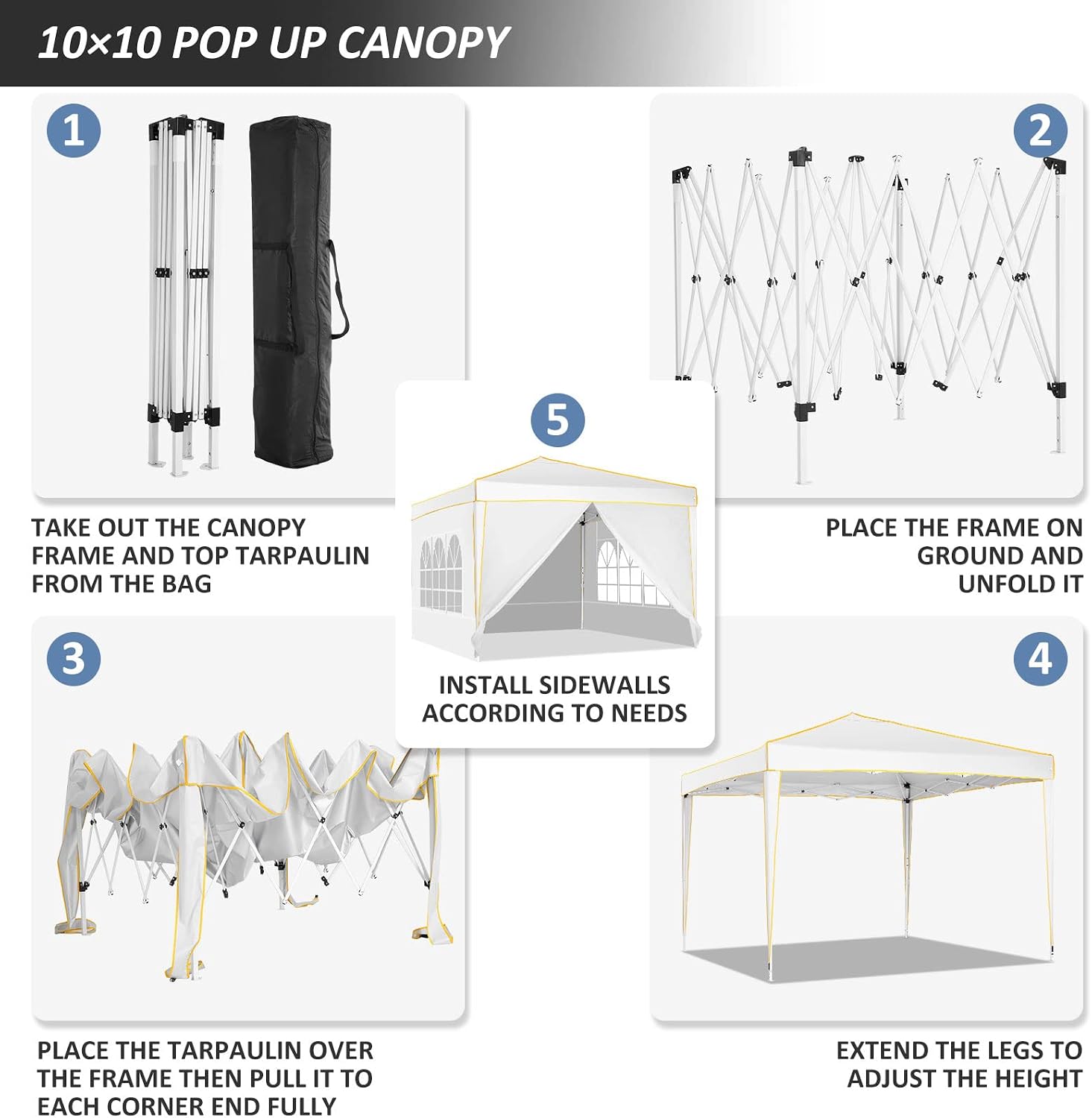COBIZI 10x10 Pop up Canopy, Canopy Tent 10x10 Gazebos, Ez up for Parties Beach Camping Party Event Shelter Sun Shade with 4 Sidewalls & Carry Bag 4 Stakes & Ropes & Sandbags, White