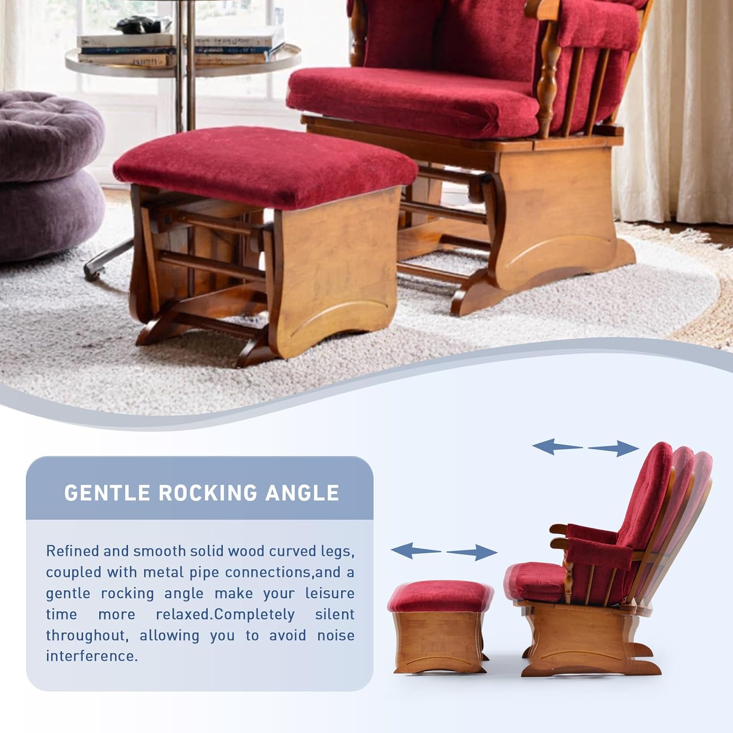 Solid Wood Glider Rocking Chair with Ottoman Set - Stylish Modern Nursery Glider Rocker with Thick Padded Cushion, Smooth Gliding Motion for Living Room, Nursing, Reading - 280LBS Capacity, Red