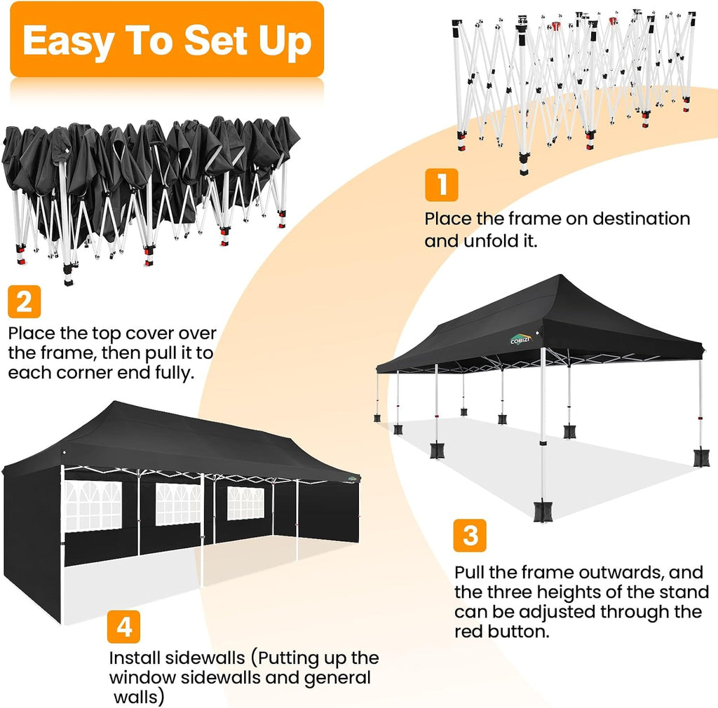 COBIZI 10x30 Pop up Canopy with 8 Removable Sidewalls & 4 Sandbags, Party Tent for Parties, Wedding, and Commercials, Waterproof and Instant Shelter UV50+ Ez Outdoor Canopy Tent with Roller Bag