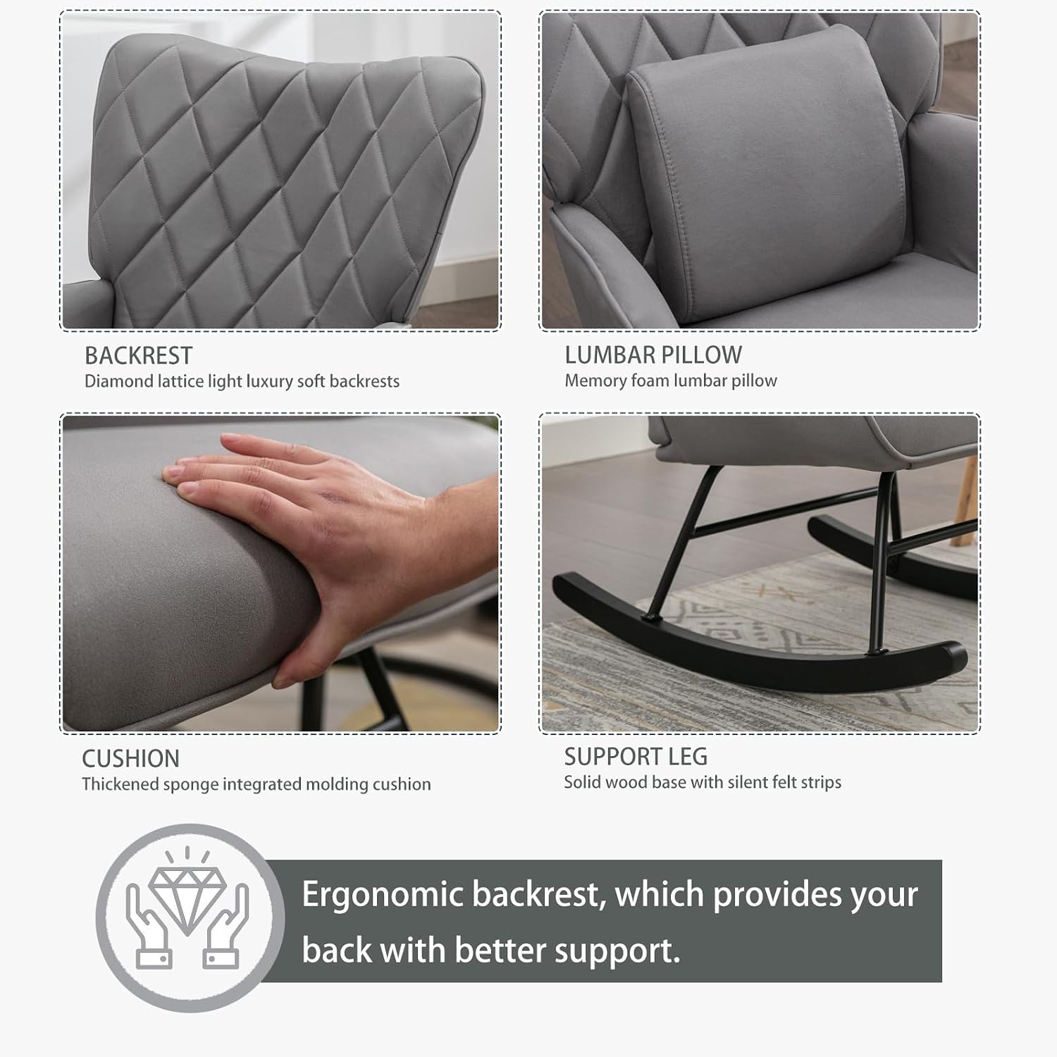 Modern Upholstered Rocking Chair with Ottoman – High Back Glider for Nursery, Living Room, or Bedroom – Comfortable Armchair with Lumbar Support & Sturdy Wood Rockers (Grey Fabric)