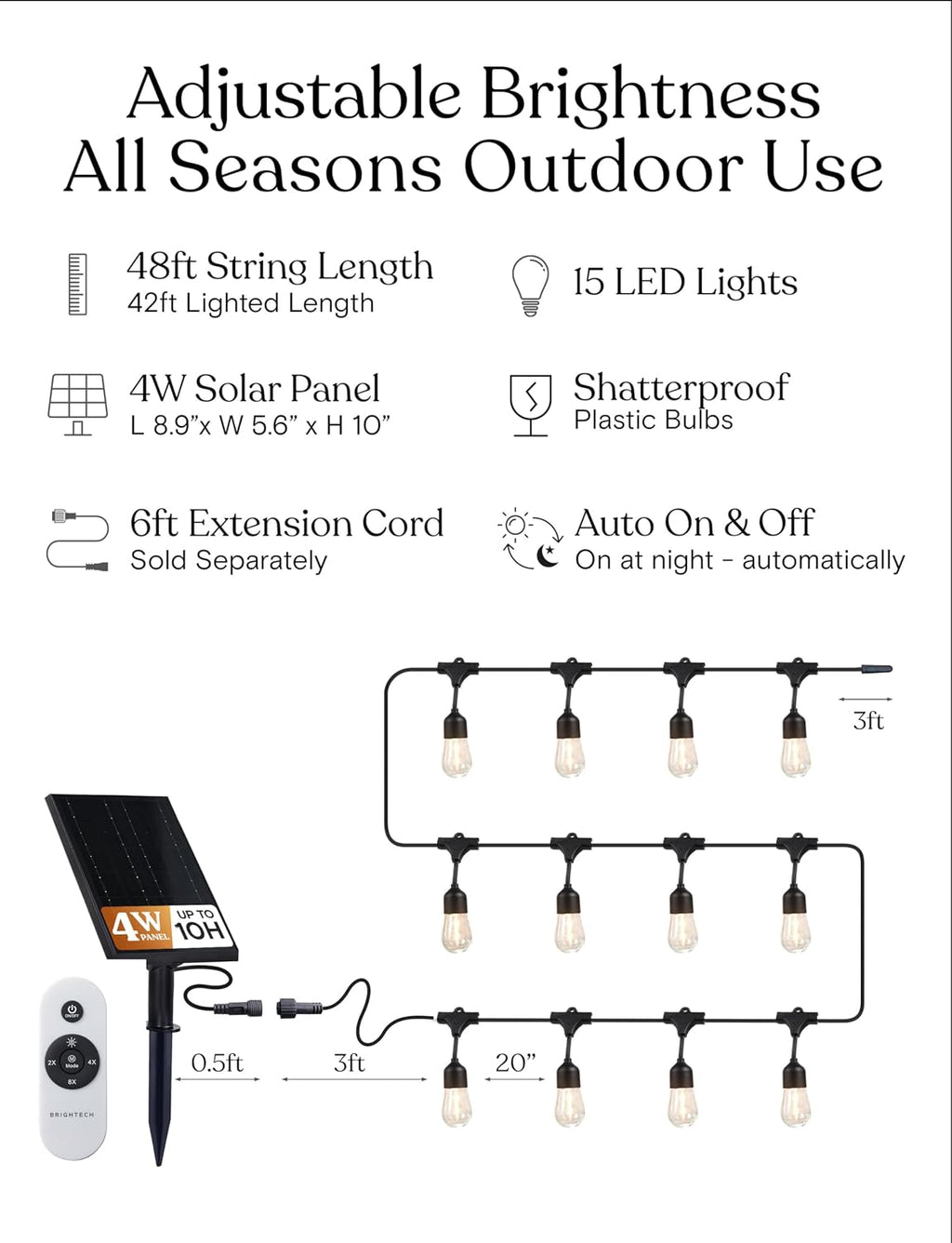 Brightech Solar String Lights with 32 Hanging Edison Bulbs and Brightness Controls with Remote 7W-104 3000K
