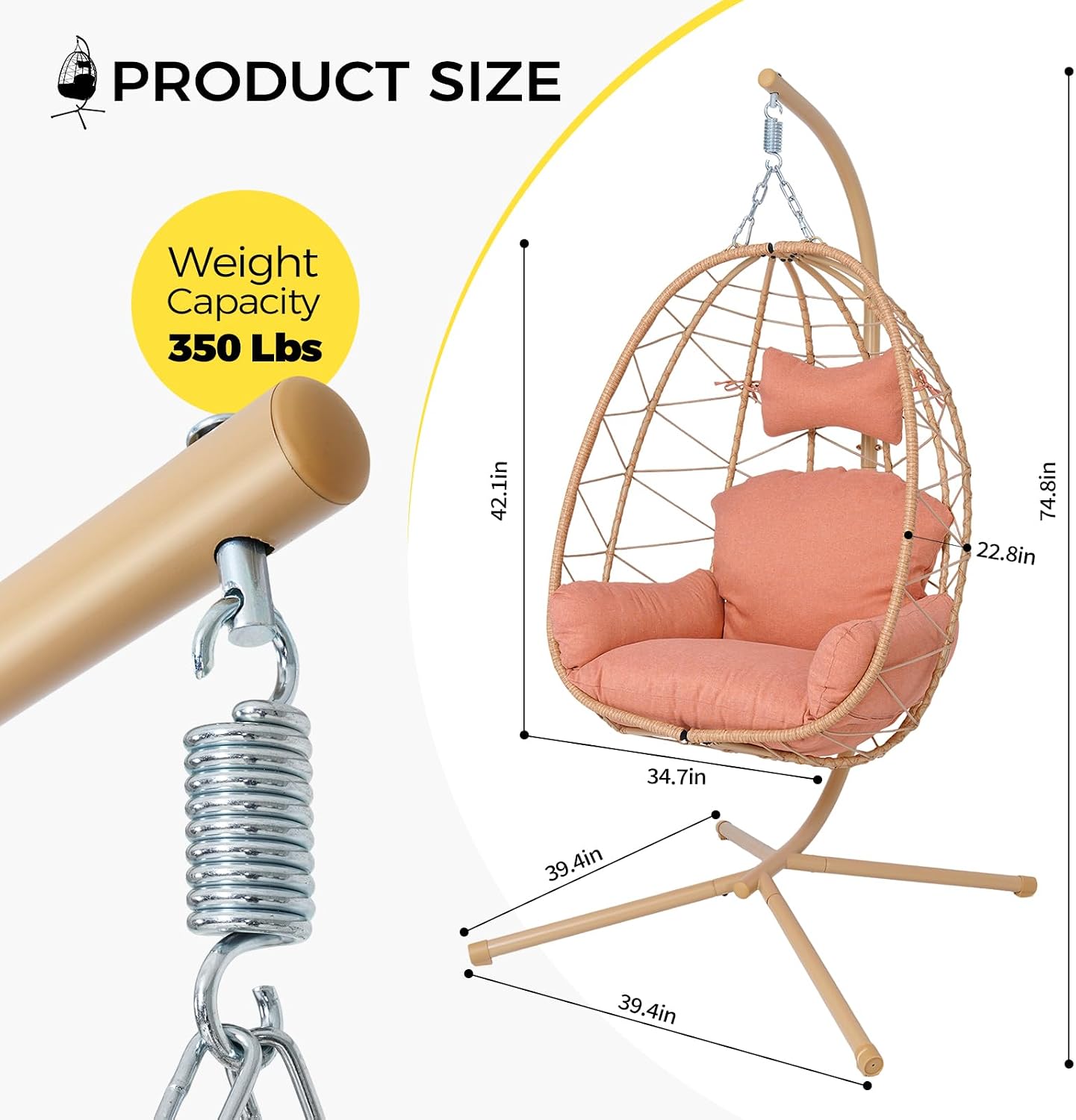 Egg Chair with Stand, Wicker Hanging Chair for Outdoor Patio, Cushioned Hammock Swing for Bedroom Garden Indoor/Outdoor, Double-Zipper Structure Hanging Egg Chair (Yellow and Orange-red)