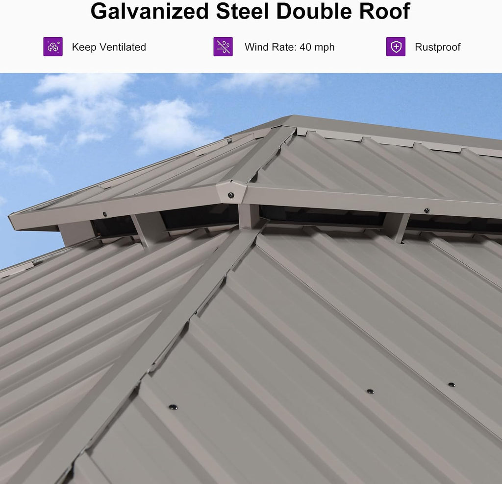 PURPLE LEAF 12' x 14' Outdoor Hardtop Gazebo with 9 Pieces Outdoor Dining Set, Champagne Aluminum Gazebo with Galvanized Steel Double Roof, Curtains and Netting for Patio Lawn and Garden
