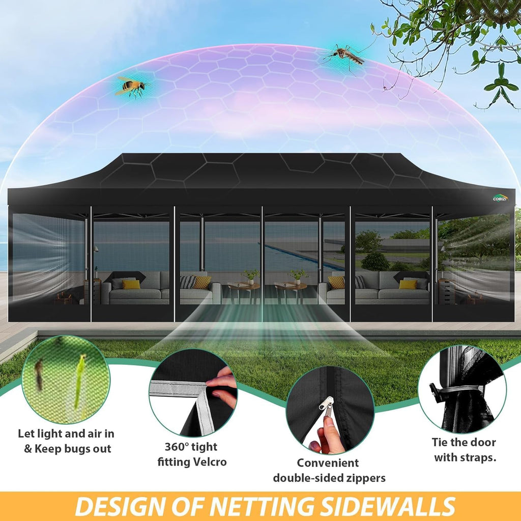 COBIZI 10x30 Pop Up Canopy with Sidewalls, Heavy Duty Canopy with Mosquito Netting, Easy up Screen Party Tents for Parties Backyard Outdoor Commercial Event Gazebo with Roller Bag, Sandbags, Black
