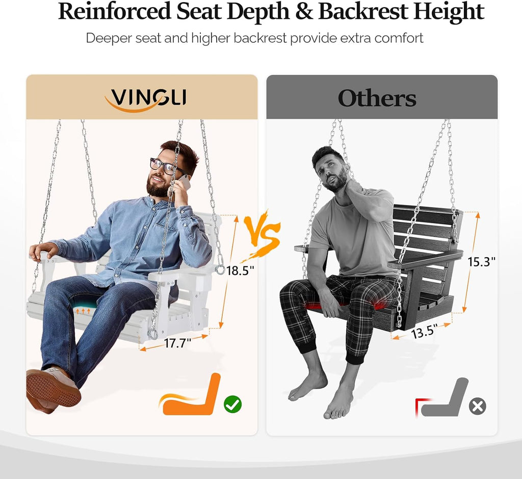 VINGLI Heavy Duty 440 LBS 1-Person Wooden Patio Porch Swing with Deeper Seat & Higher Backrest & Extra Cup Holder for Adults & Kids, Outdoor Single Porch Swing for Porch, Yard, Balcony, Tree (White)