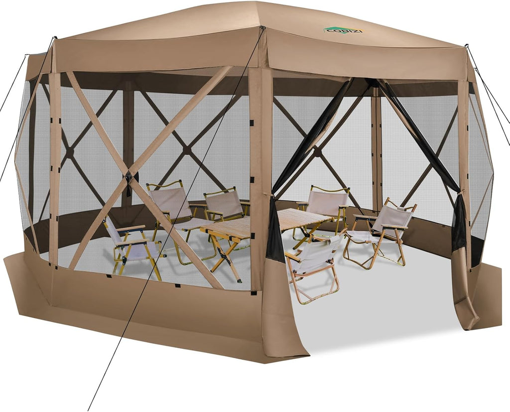 COBIZI Pop Up Gazebo Screen Tent Screen House for Camping, 15x15 Screen Room with Mosquito Netting, Hub Tent Instant Screened Canopy with Carrying Bag and Ground Stakes, Khaki