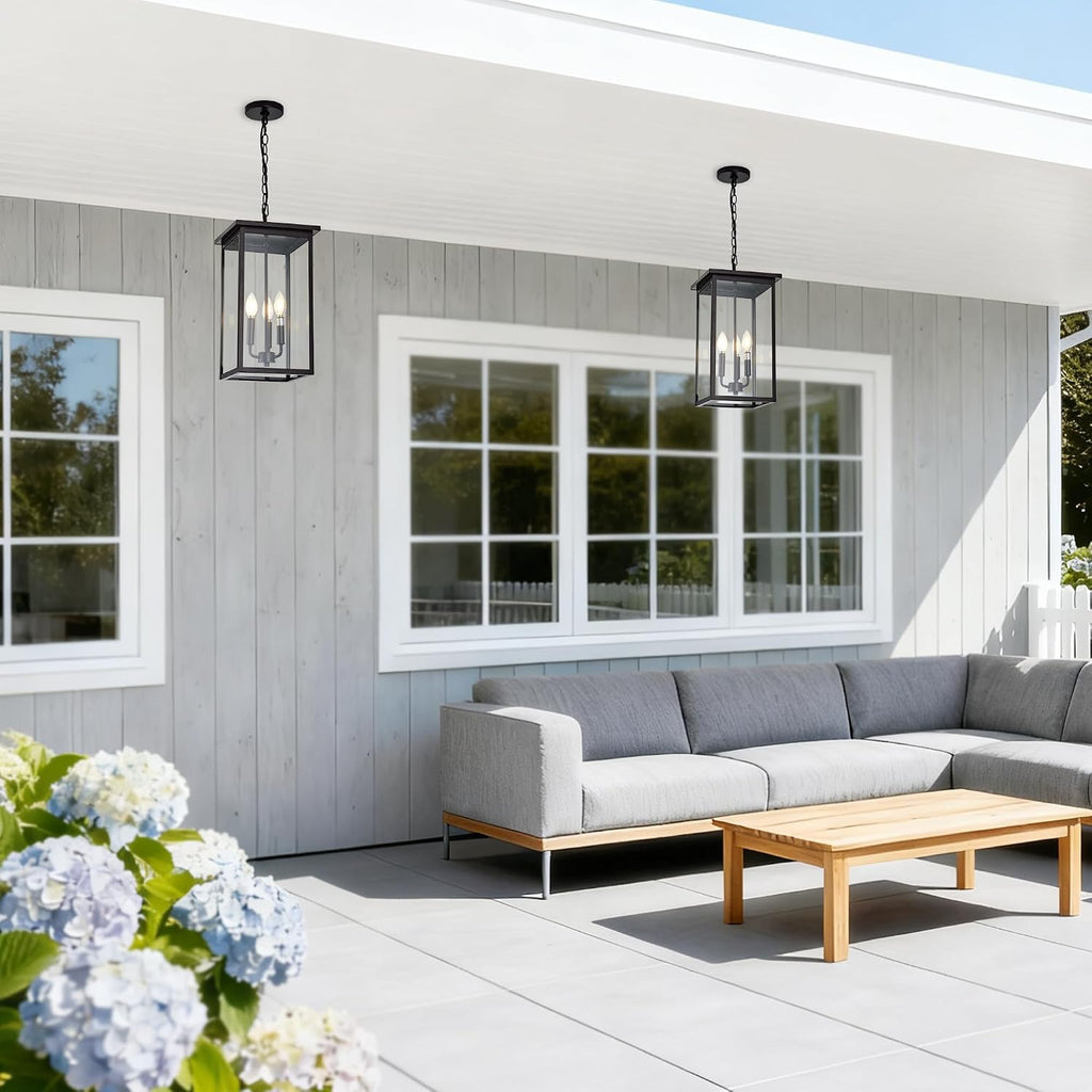 Large Outdoor Pendant Light Fixtures, Oil Rubbed Bronze 3-Lights Outdoor Ceiling Hanging Lanterns with Clear Glass, Exterior Gazebo Light for Patio, Porch, Yard, Gara