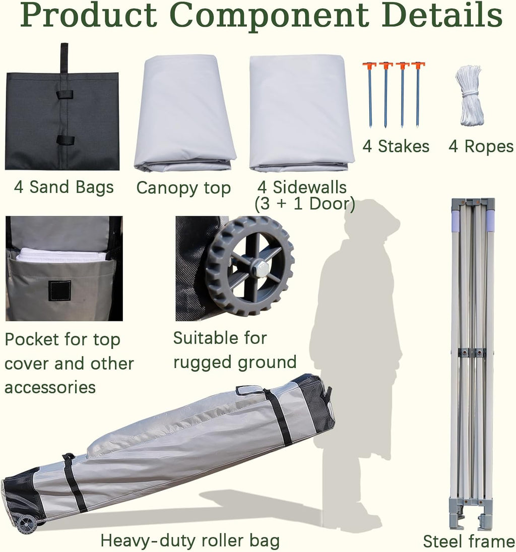 Easy 10x10 Pop Up Canopy Tent with 4 Sidewalls, Heavy Duty Commercial Use, Peak Tensioner Frame, Industry-Leading 3000mm Waterproof, 500D Silver Coated, Wheeled Bag, Sandbags, Stakes & Ropes, White