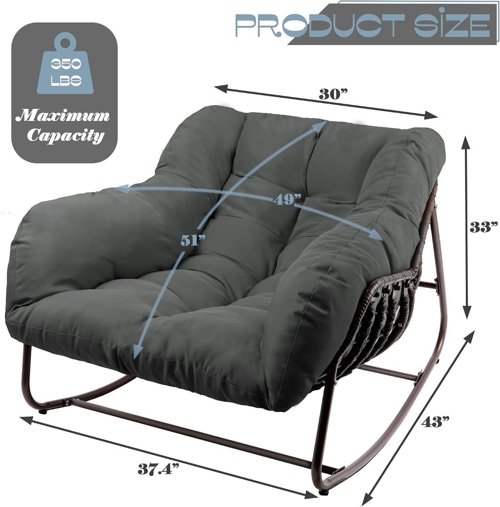 Outdoor Papasan Rocking Chair, Oversized Patio Rocking Chairs with Padded Cushion& Pillow-Comfortable Rocker Egg Chair for Front Porch, Garden, Patio, Backyard,1PC,Grey