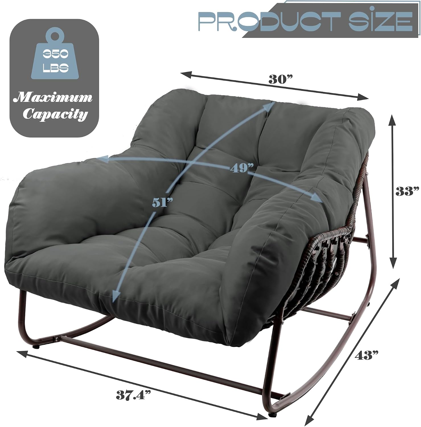 Outdoor Papasan Rocking Chair, Oversized Patio Rocking Chairs with Padded Cushion& Pillow-Comfortable Rocker Egg Chair for Front Porch, Garden, Patio, Backyard,1PC,Grey