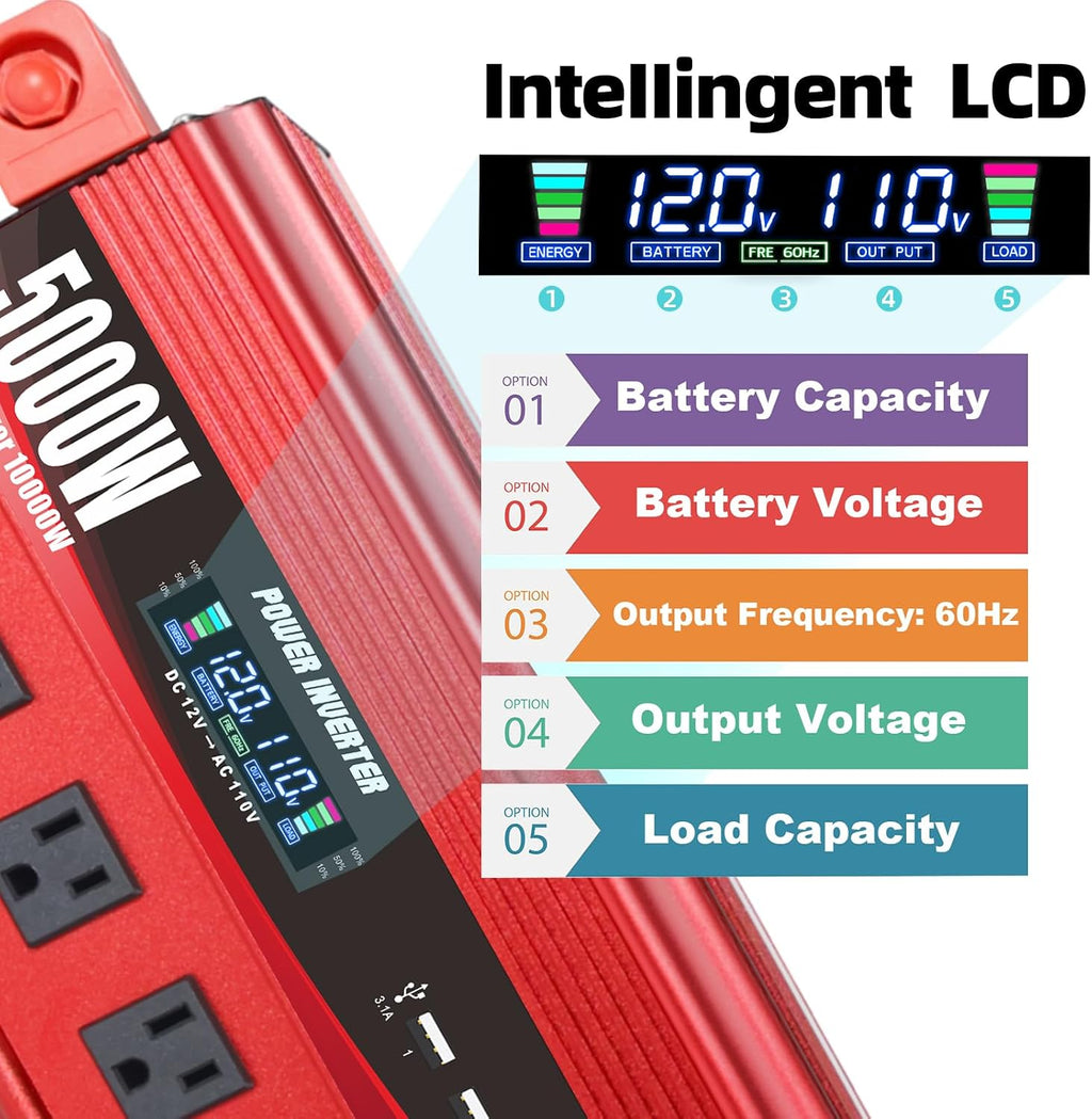 Cantonape 5000W Power Inverter 12V to 110V/120V DC to AC with LCD Display, Remote Controller 5 x AC Outlets and 4 x 3.1A USB Car Adapter for Car Truck Boat RV Solar System